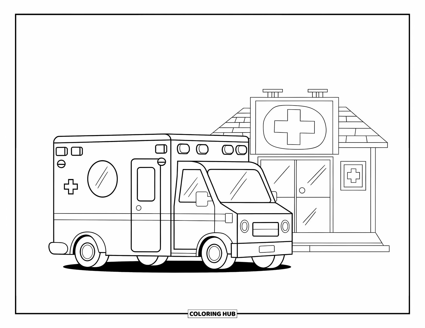 Ambulance Coloring Page for Kids: Ambulance parked in front of a small hospital with a big sign and sidewalk