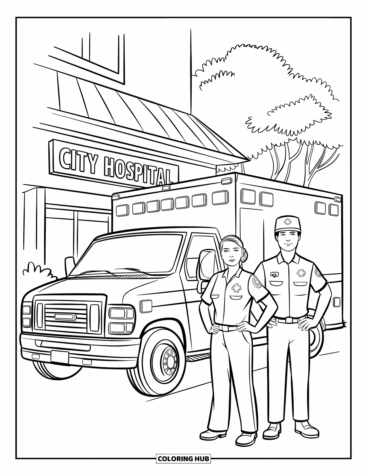 Ambulance Coloring Page for Kids: Ambulance parked in front of City Hospital as two paramedics stand nearby