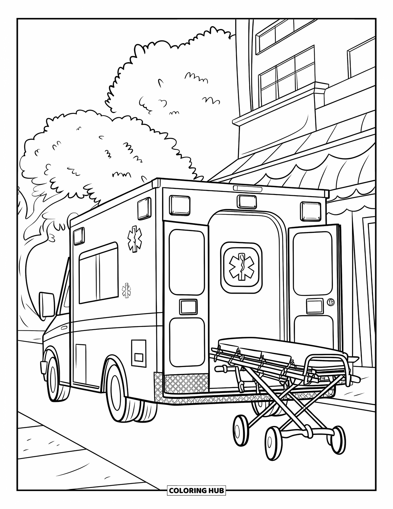 Ambulance Coloring Page for Kids: Ambulance waits on a quiet street as a stretcher is rolled toward the back