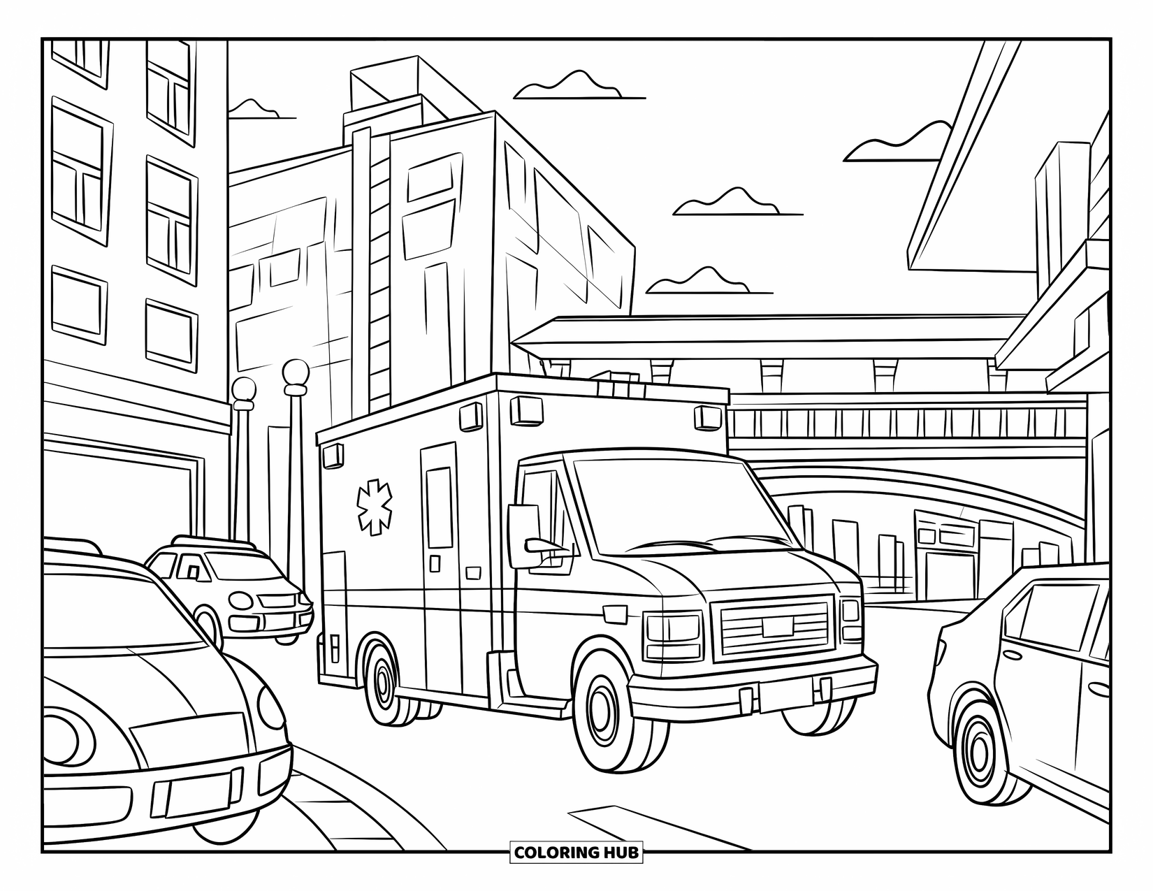 Ambulance Coloring Page for Kids: Ambulance weaves through traffic beneath tall buildings and a clear, open sky