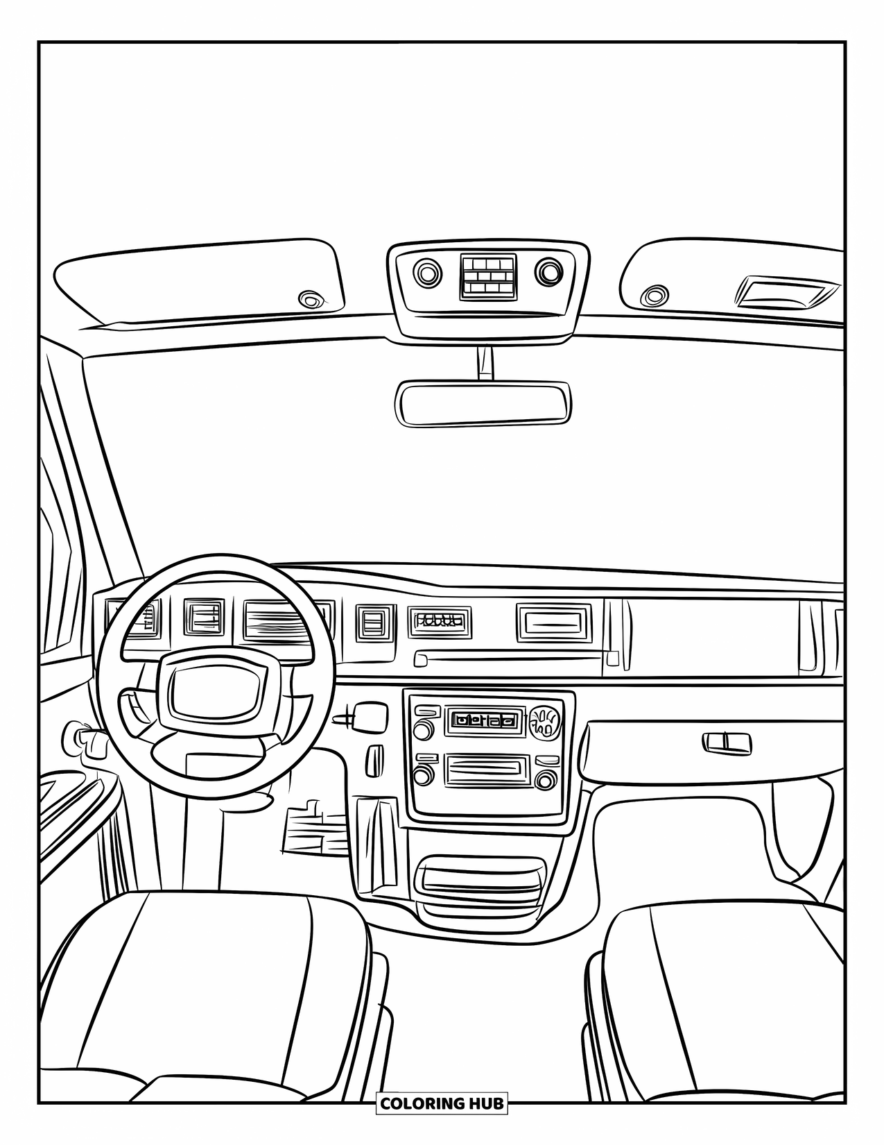 Ambulance Coloring Page for Kids: Dashboard view with steering wheel, map screen, radios, and knobs in a busy setup