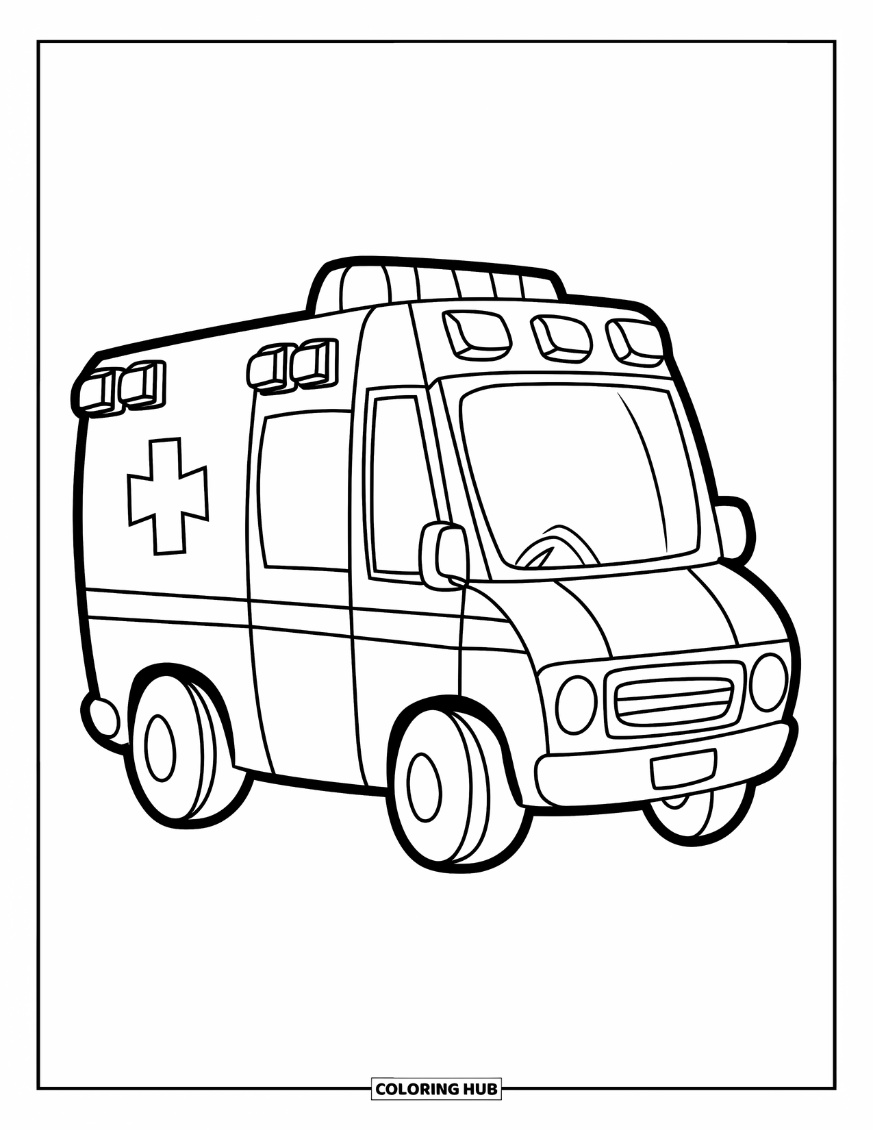 Ambulance Coloring Page for Kids: Friendly ambulance with big wheels and a bold cross sits under a peaceful sky