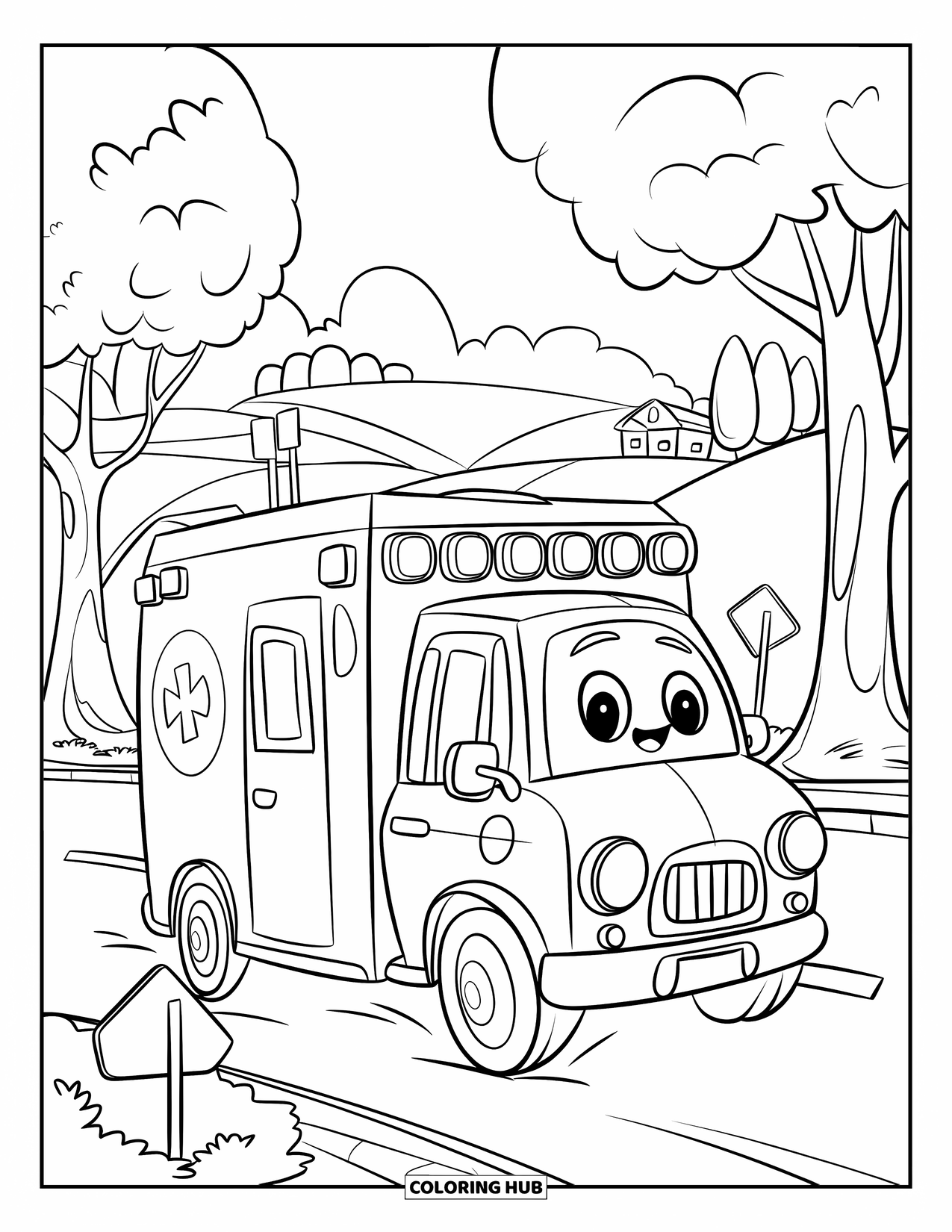 Ambulance Coloring Page for Kids: Happy ambulance drives along a road lined with trees, signs, and a few buildings