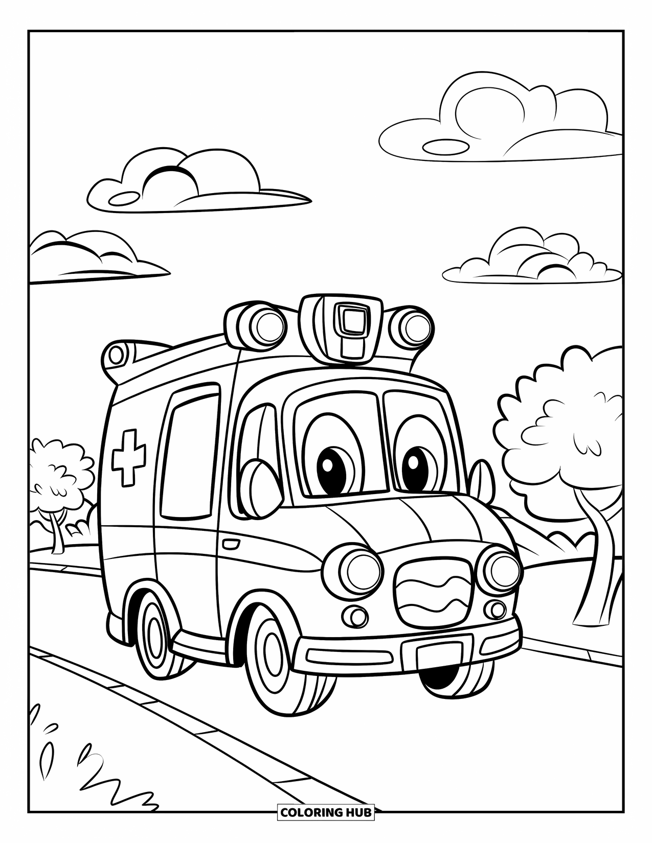 Ambulance Coloring Page for Kids: Happy ambulance with big headlights drives under a rainbow with clouds and trees around