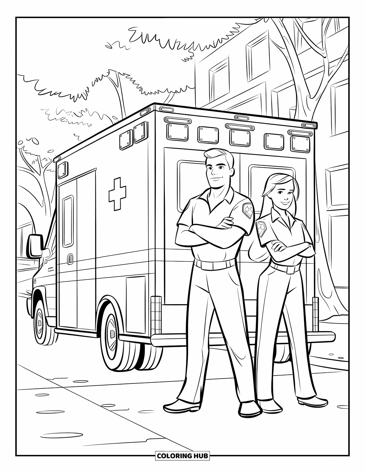 Ambulance Coloring Page for Kids: Heroic paramedics pose confidently by their ambulance with buildings and trees in the background