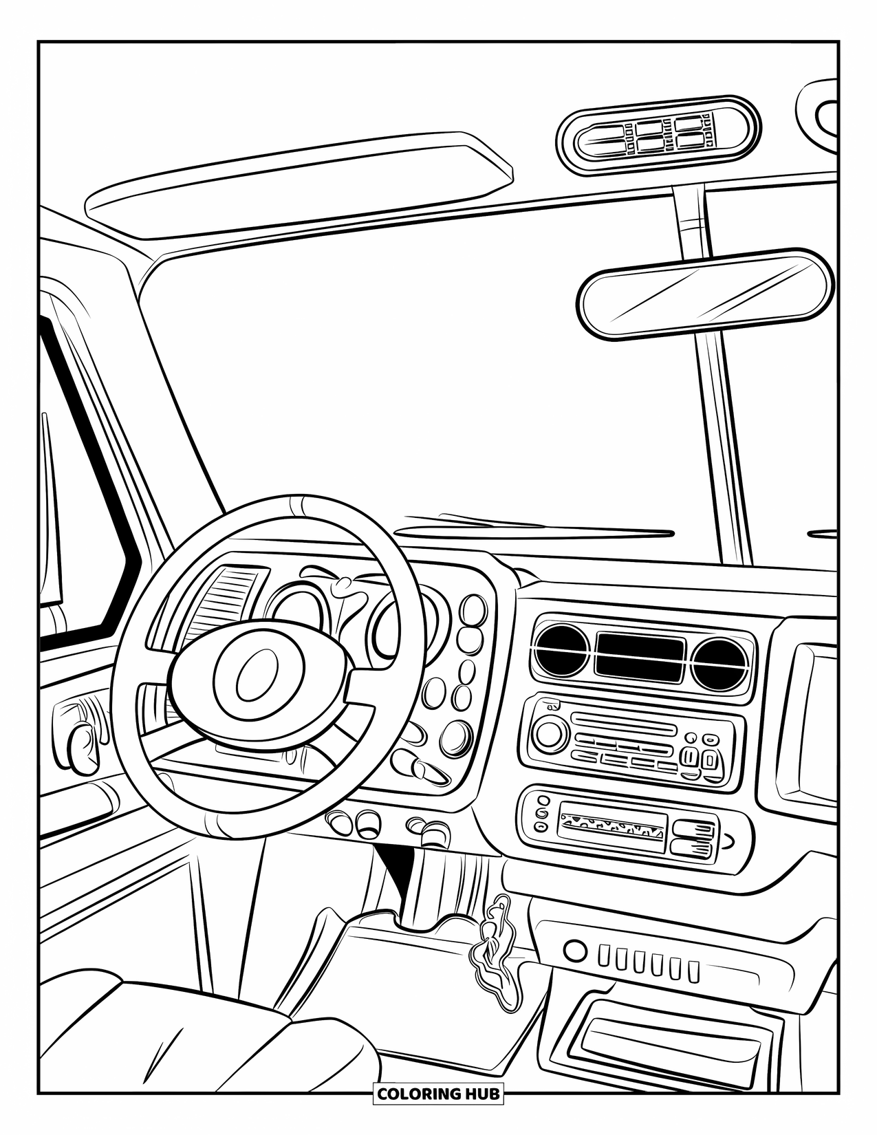Ambulance Coloring Page for Kids: Inside an ambulance cab with navigation, gearshift, radios, and steering wheel in view
