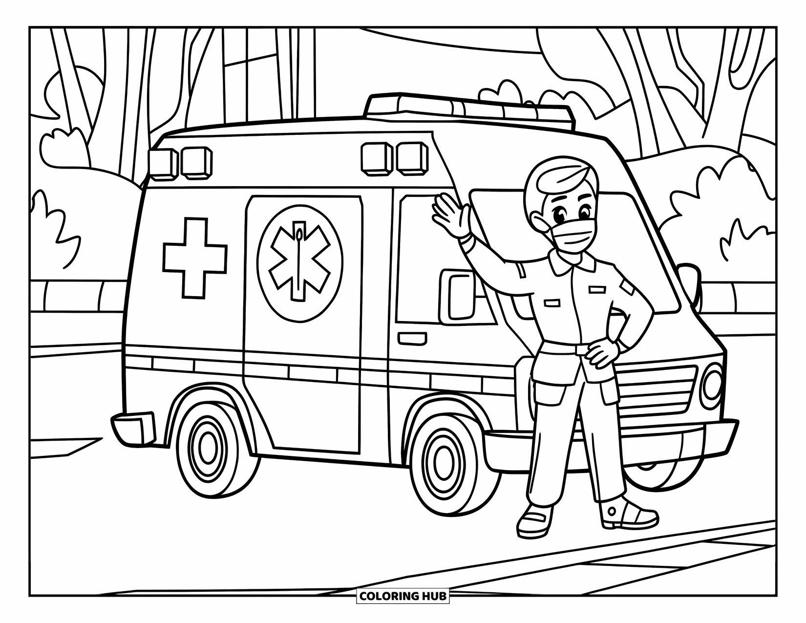 Ambulance Coloring Page for Kids: Masked paramedic waves near an ambulance by trees and a roadside barrier