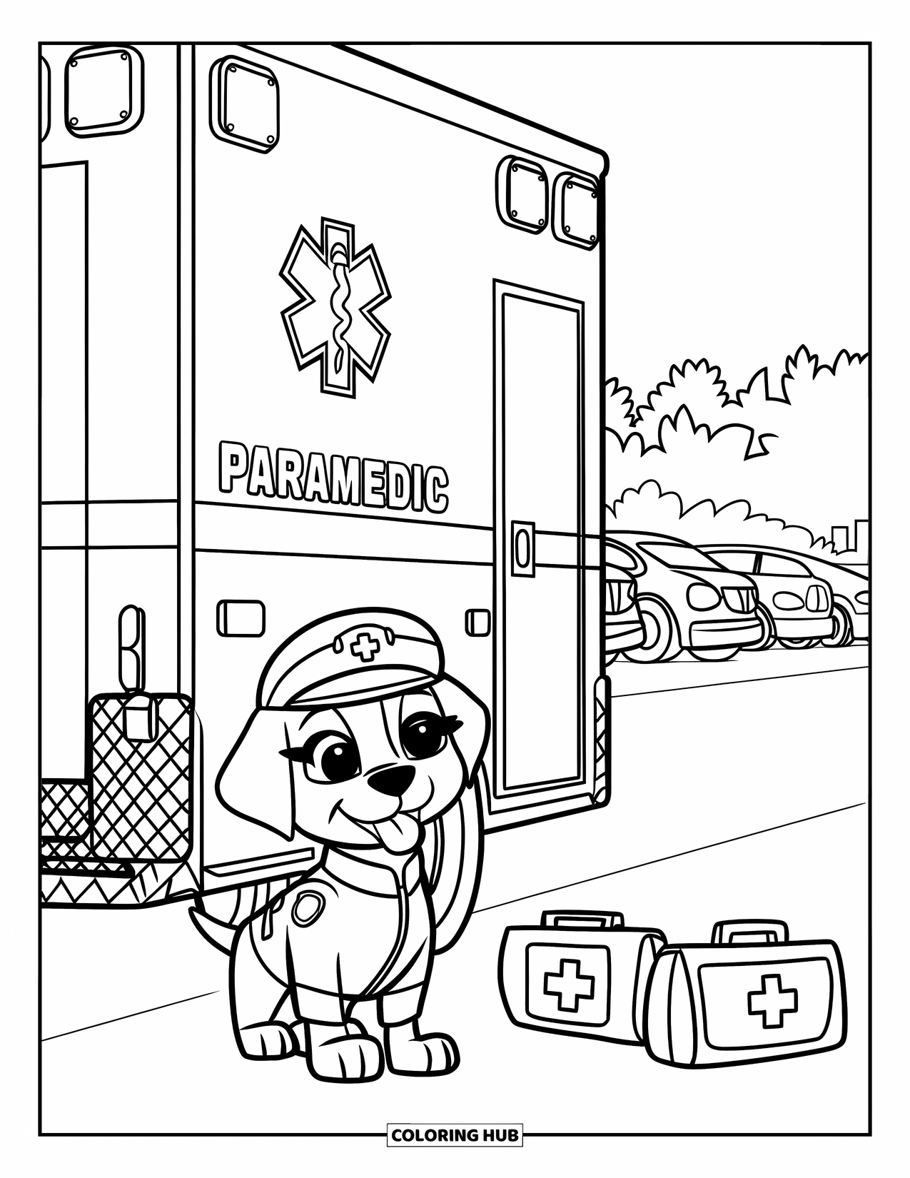 Ambulance Coloring Page for Kids: Paramedic pup stands proudly by an ambulance with bags in a busy parking lot