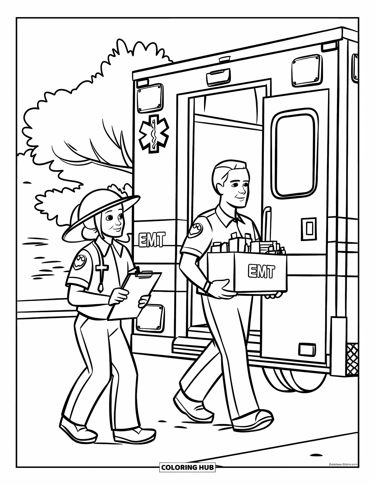 Ambulance Coloring Page for Kids: Paramedics pack supplies into an ambulance beside a city street with trees