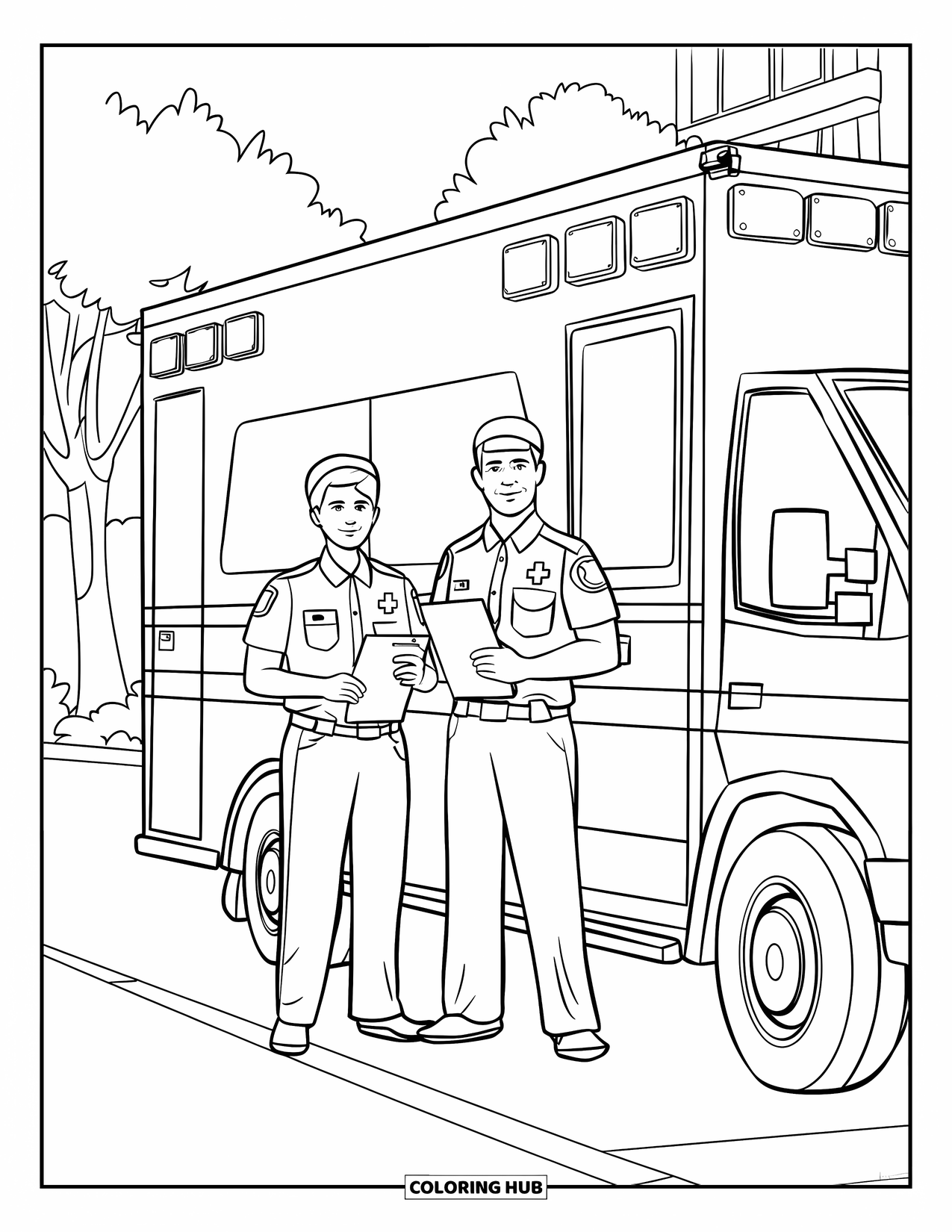 Ambulance Coloring Page for Kids: Paramedics with hats and a clipboard stand by an ambulance on a quiet roadside