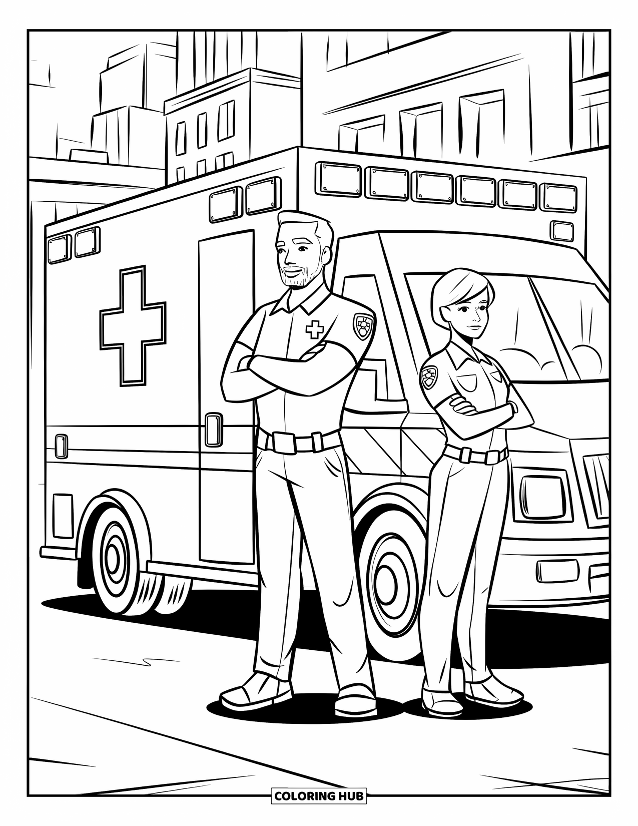 Ambulance Coloring Page for Kids: Proud paramedic duo stands beside their ambulance on a calm city street