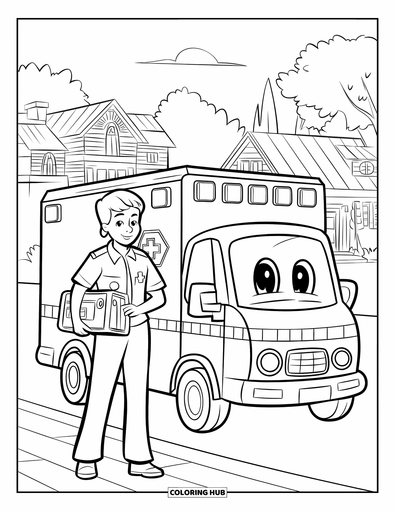 Ambulance Coloring Page for Kids: Red-haired paramedic smiles beside a friendly ambulance in a peaceful town setting