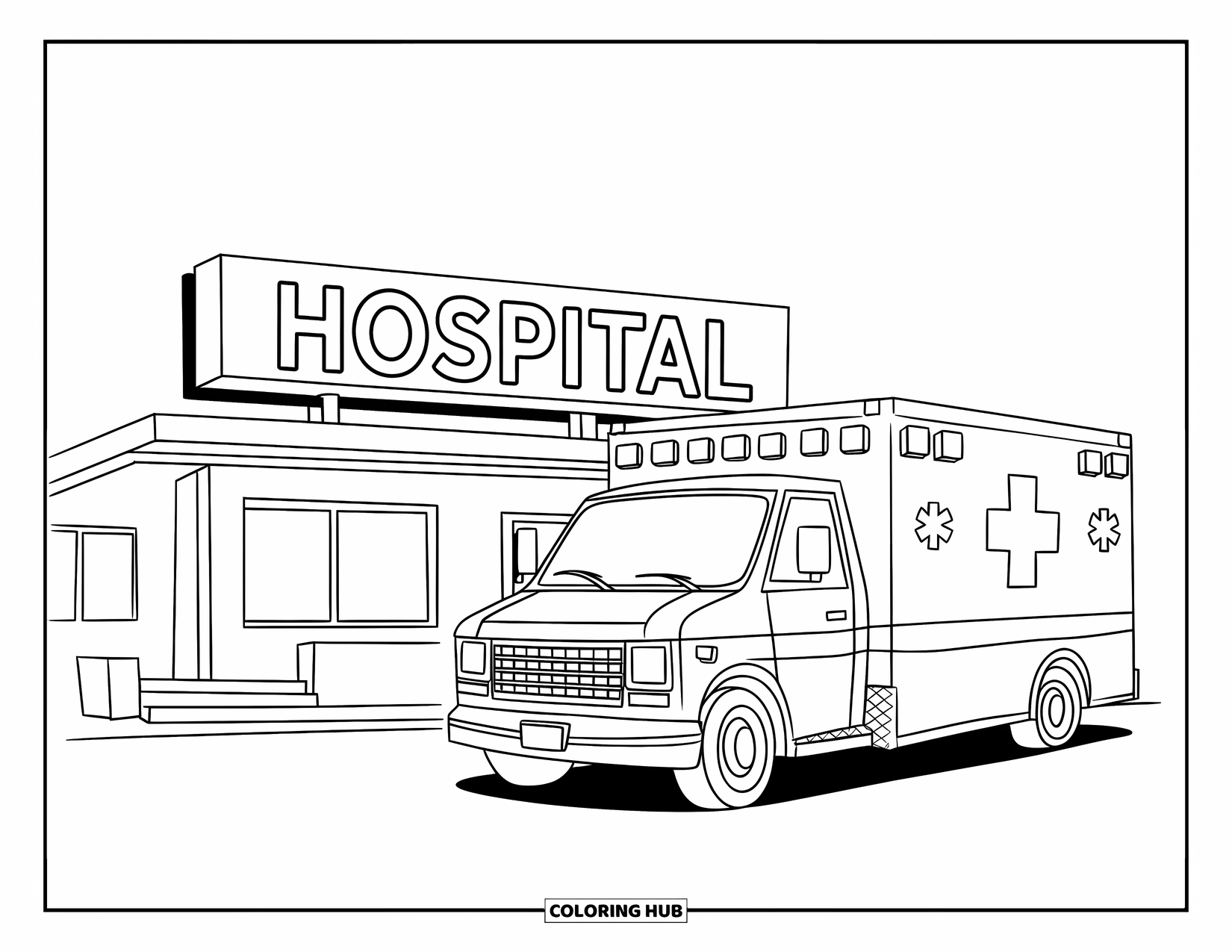 Ambulance Coloring Page for Kids: Small hospital with a big sign stands behind a waiting ambulance and a clear sky