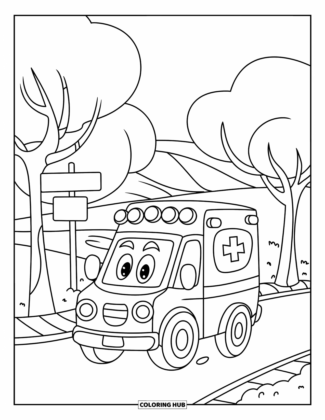 Ambulance Coloring Page for Kids: Smiling ambulance rolls past trees and signs in a quiet, hilly landscape
