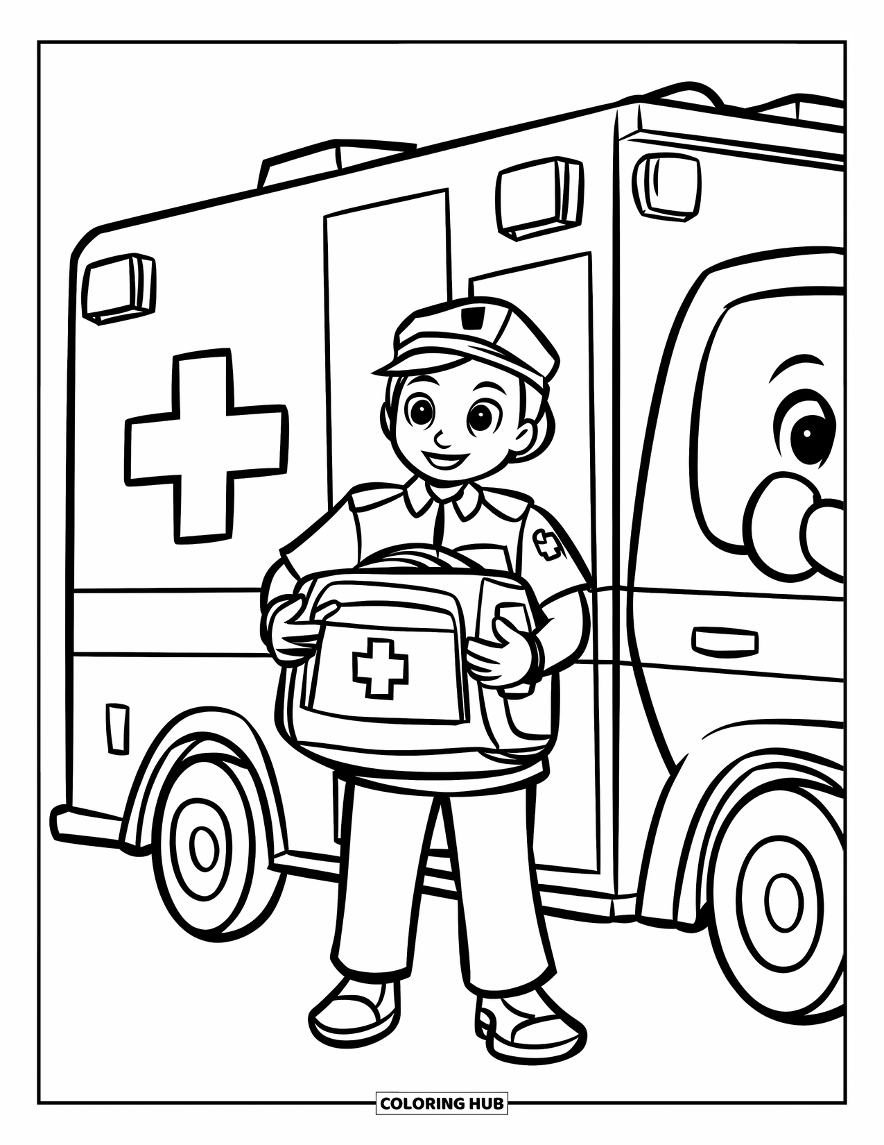 Ambulance Coloring Page for Kids: Smiling paramedic with a bag stands proudly next to a cheerful ambulance
