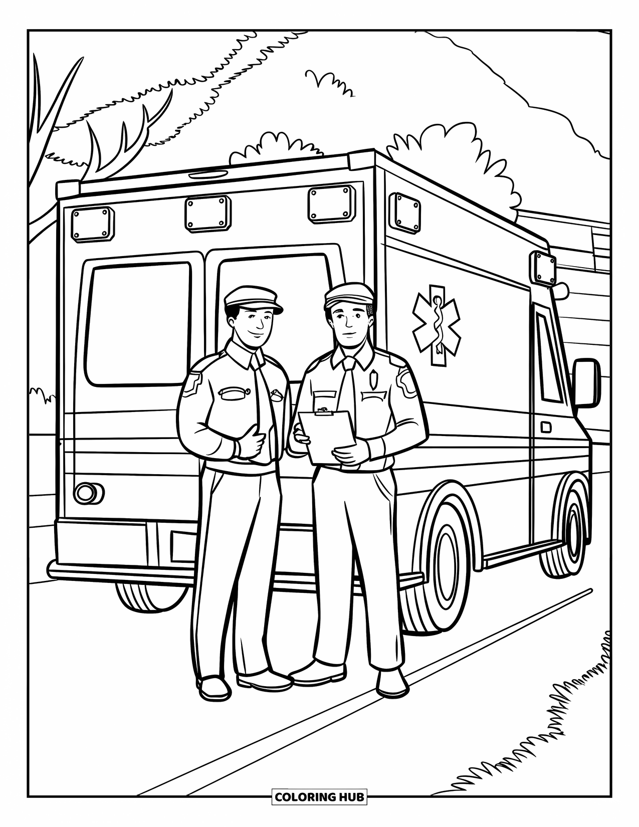 Ambulance Coloring Page for Kids: Two paramedics stand beside a parked ambulance near trees and a city building