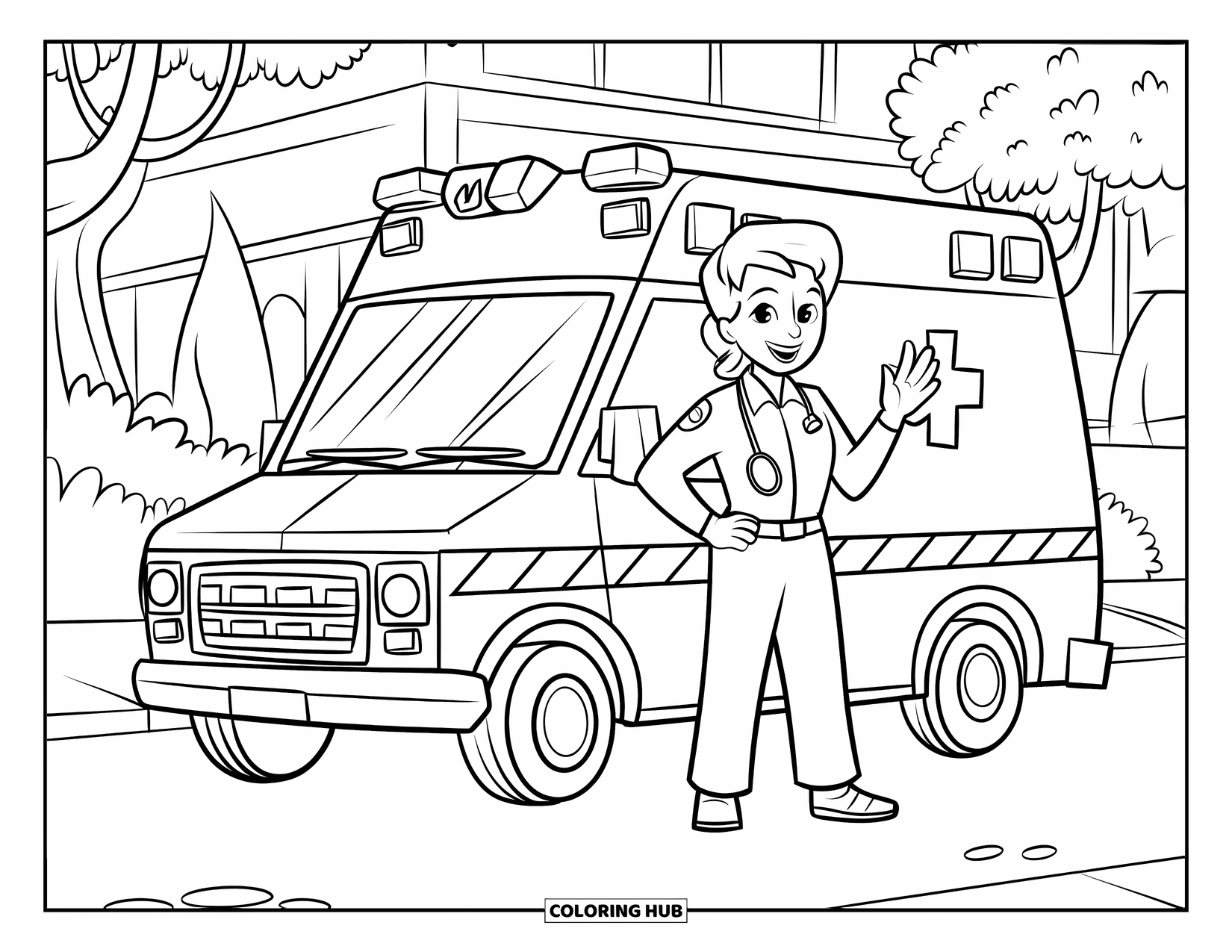 Ambulance Coloring Page for Kids: Waving paramedic with a stethoscope stands beside a striped ambulance on a quiet road