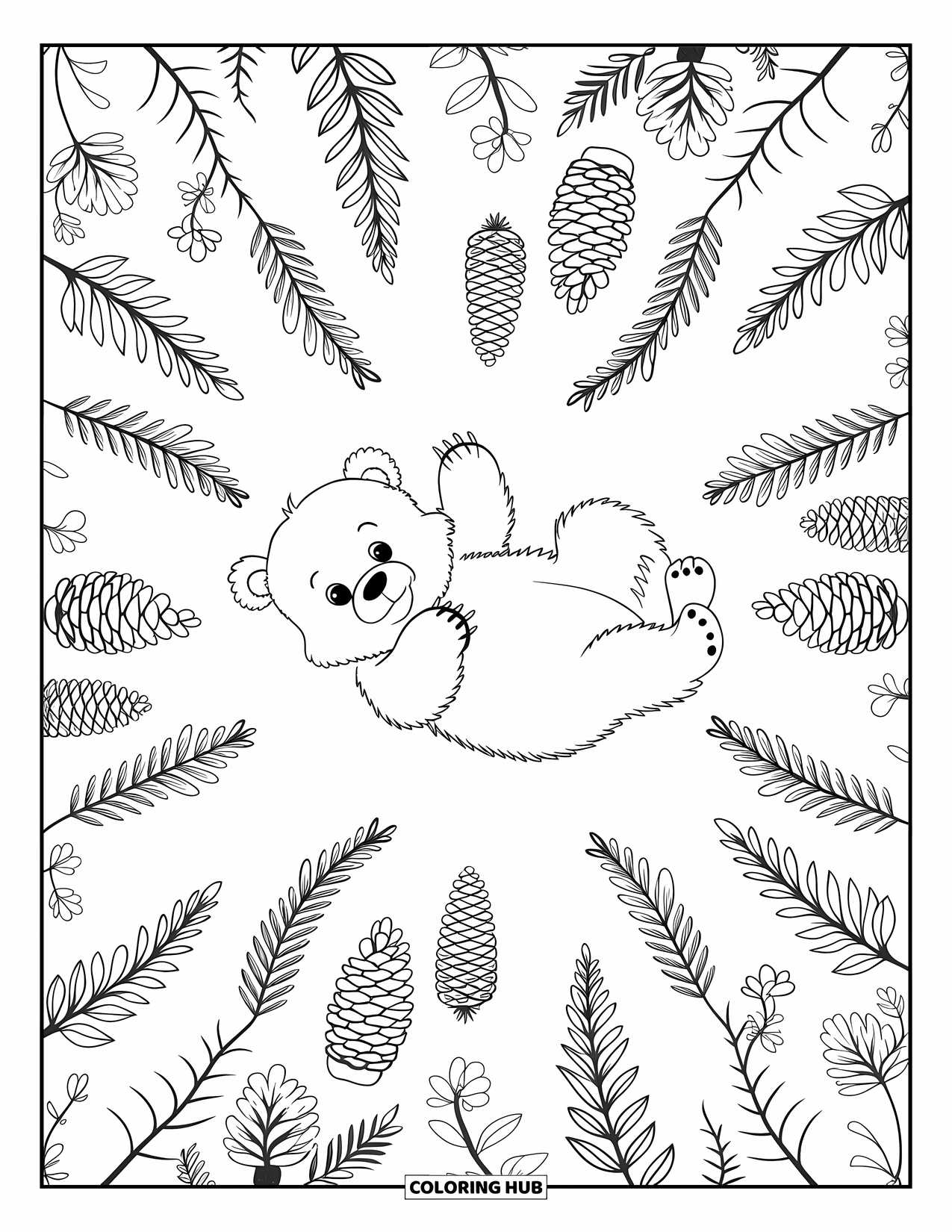 Baby Animal Coloring Page for Adults: A baby bear lies on its back in a circle of pinecones, ferns, and flowers