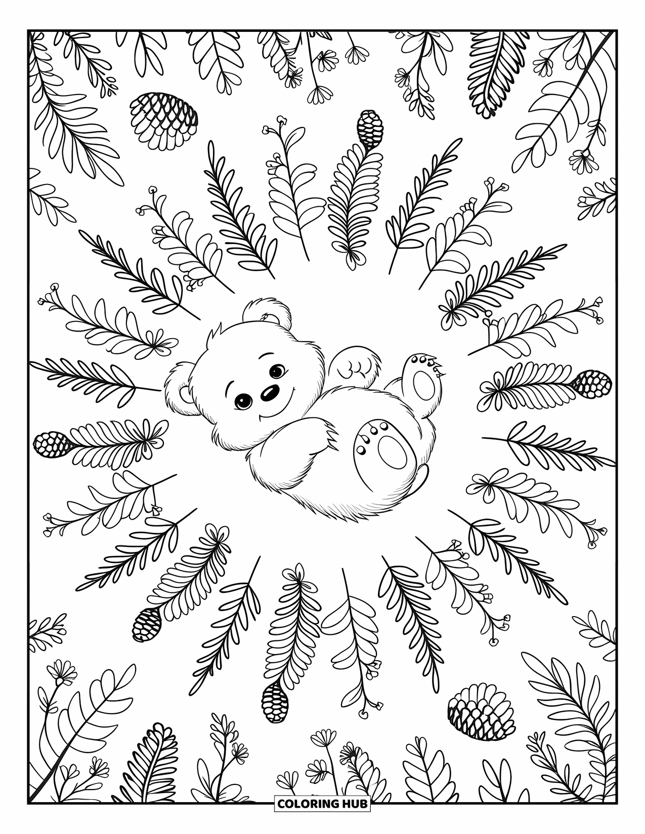 Baby Animal Coloring Page for Adults: A baby bear rests on its back surrounded by pinecones, ferns, and wildflowers