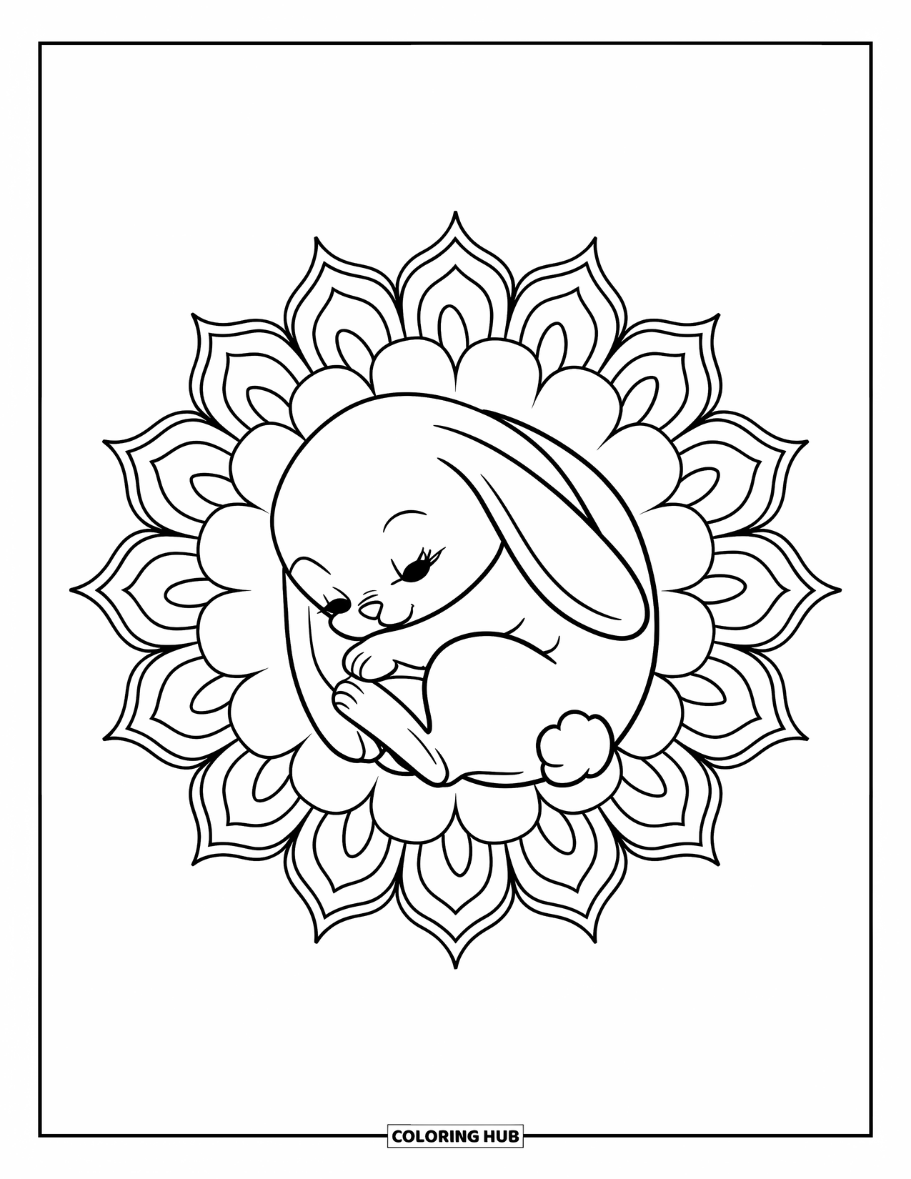Baby Animal Coloring Page for Adults: A baby bunny rests peacefully in a floral mandala with leafy and petal-like patterns
