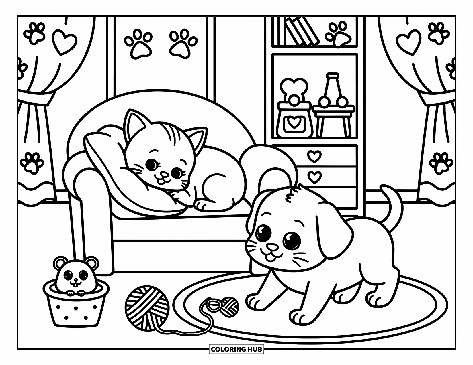 Baby Animal Coloring Page for Adults: A baby cat sleeps, a dog rolls a yarn ball, and a hamster watches in a cozy pet nook