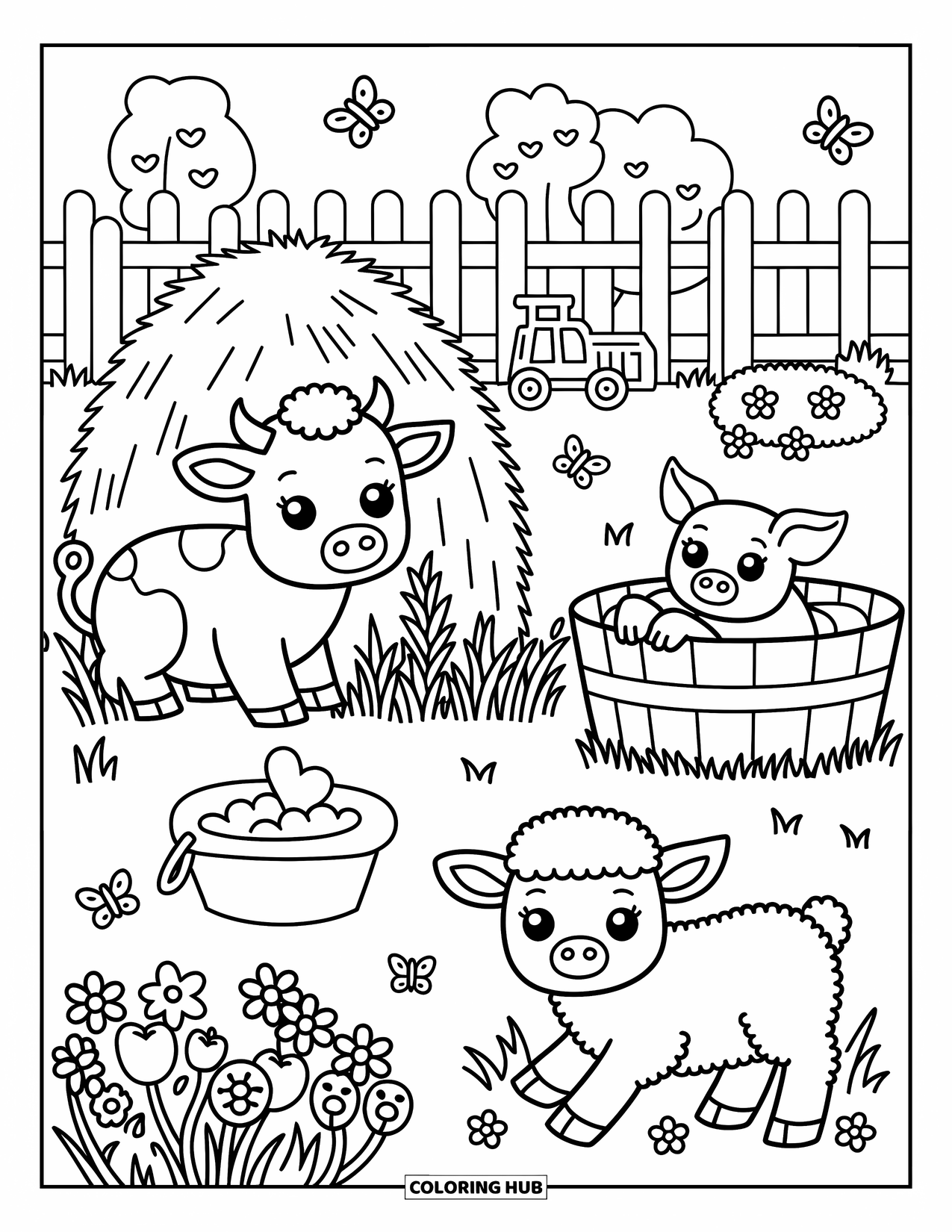 Baby Animal Coloring Page for Adults: A baby cow, piglet, and lamb play near a fence, tractor, and garden with gentle outlines