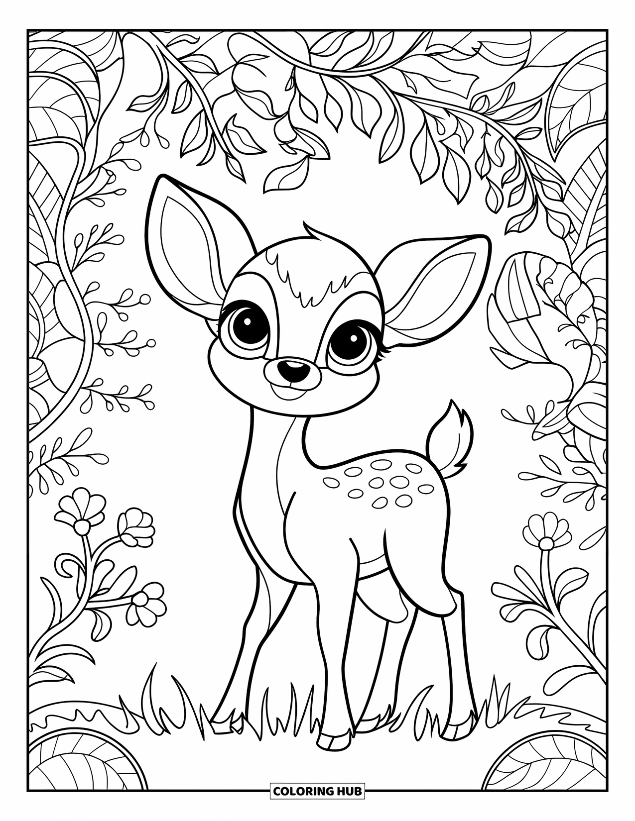 Baby Animal Coloring Page for Adults: A baby deer looks up sweetly among stained glass leaves and woodland flowers