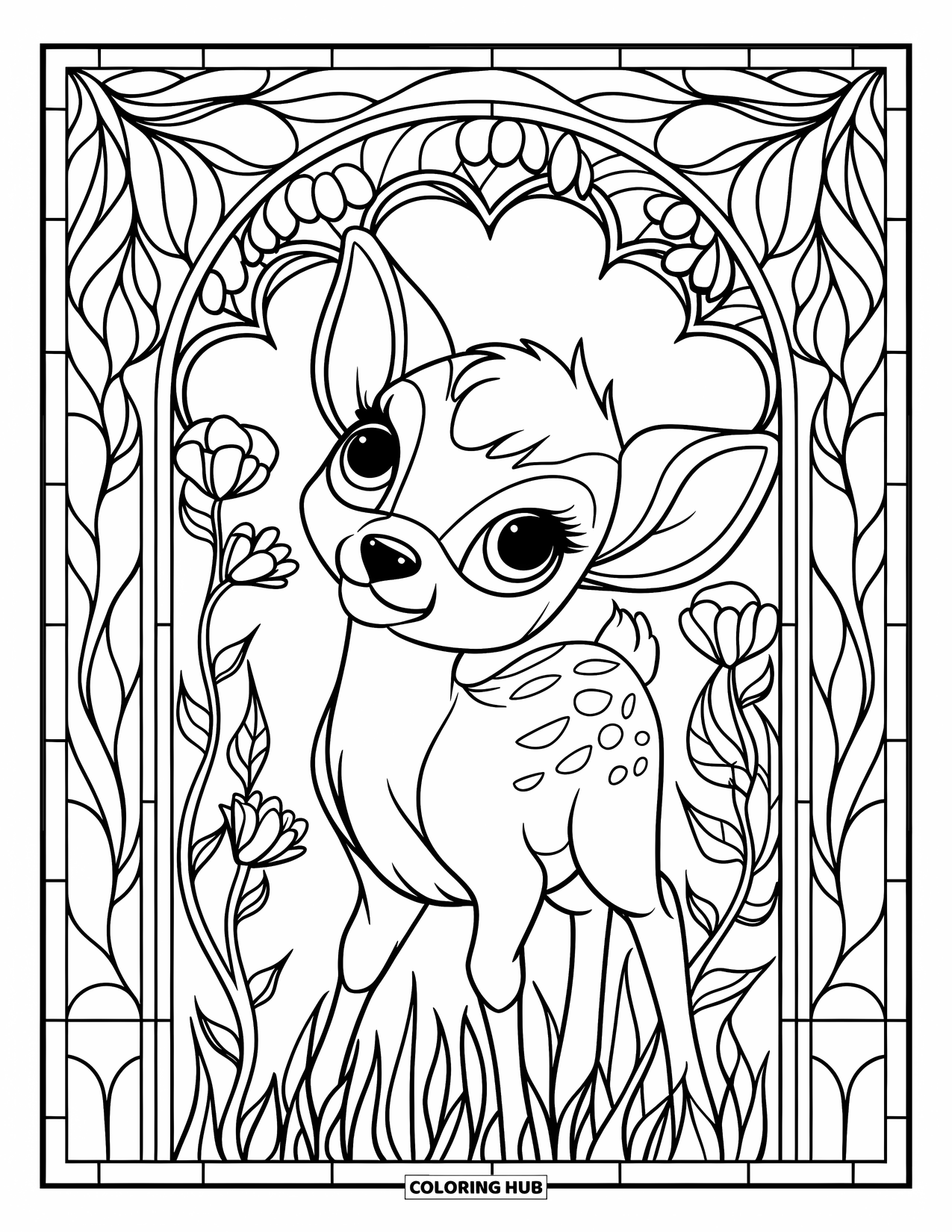 Baby Animal Coloring Page for Adults: A baby deer stands calmly inside a stained glass ring of forest plants and flowers