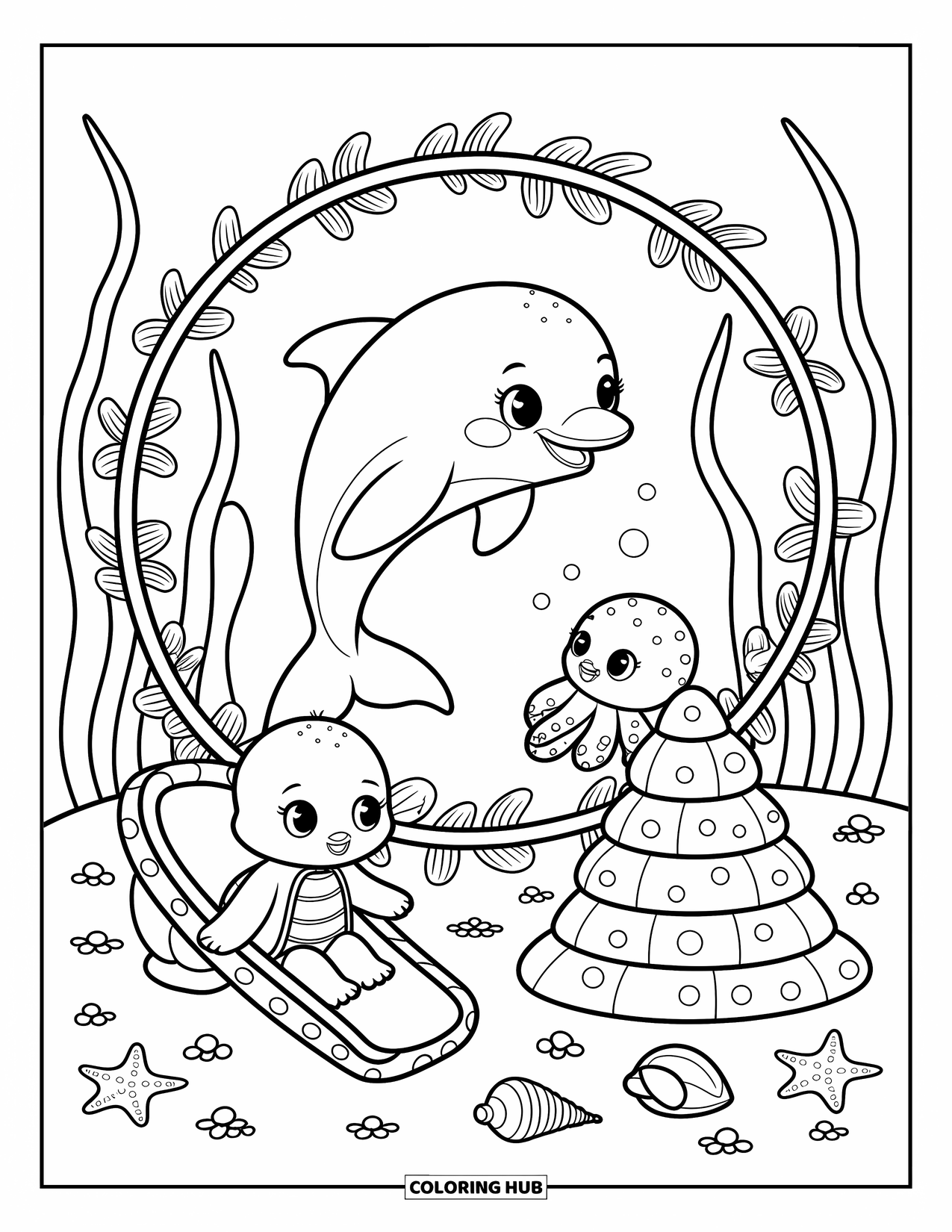 Baby Animal Coloring Page for Adults: A baby dolphin jumps through coral, a turtle slides on a shell, and an octopus blows bubbles