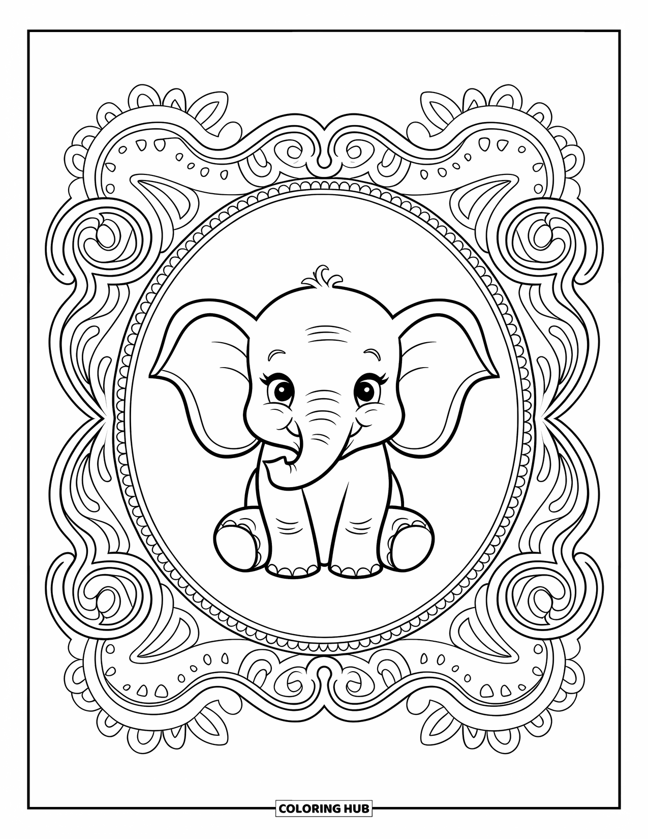 Baby Animal Coloring Page for Adults: A baby elephant sits in a swirly paisley frame with curly, playful patterns