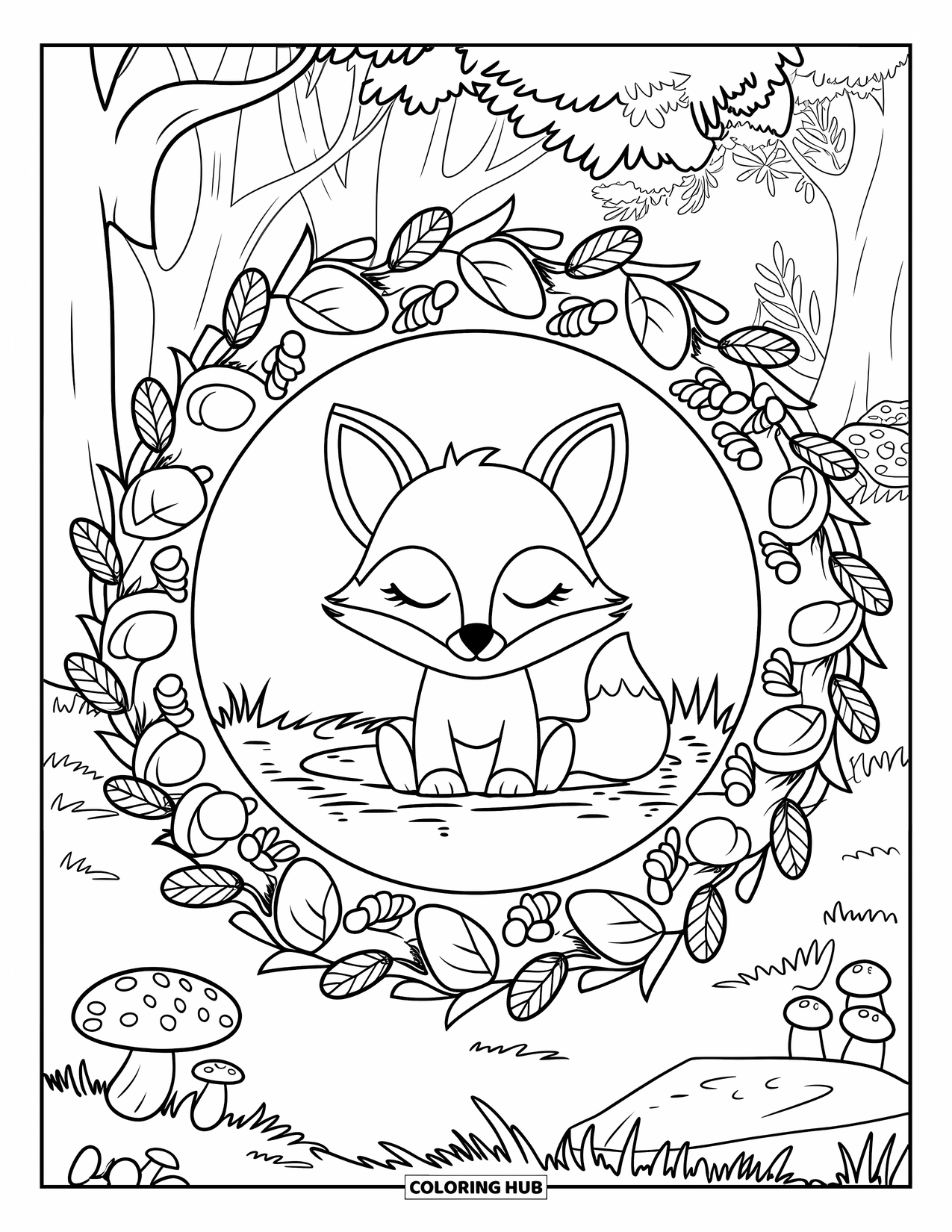 Baby Animal Coloring Page for Adults: A baby fox sleeps on moss in a circular mandala of forest plants and vines