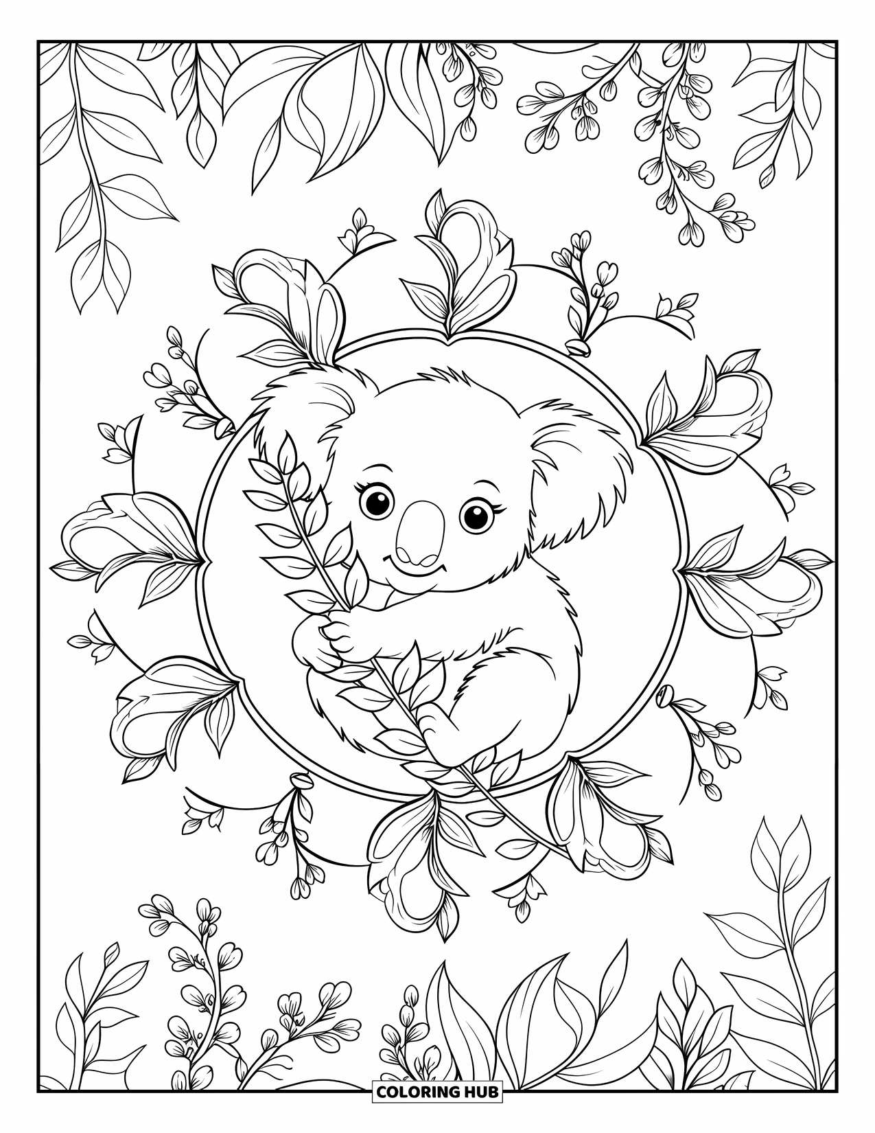 Baby Animal Coloring Page for Adults: A baby koala clings to a branch in a floral mandala of eucalyptus leaves and blossoms