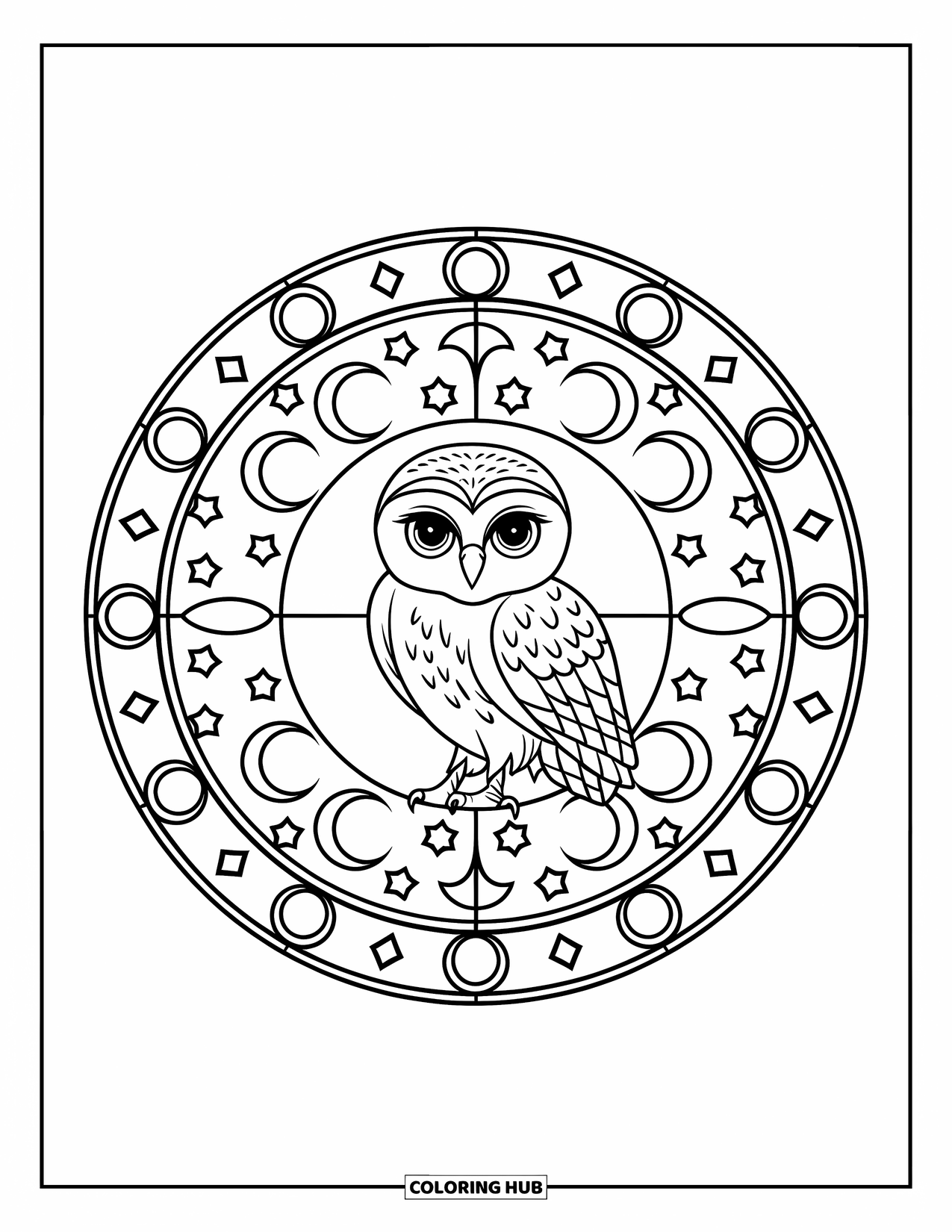 Baby Animal Coloring Page for Adults: A baby owl perches inside a round stained glass window filled with stars and moons