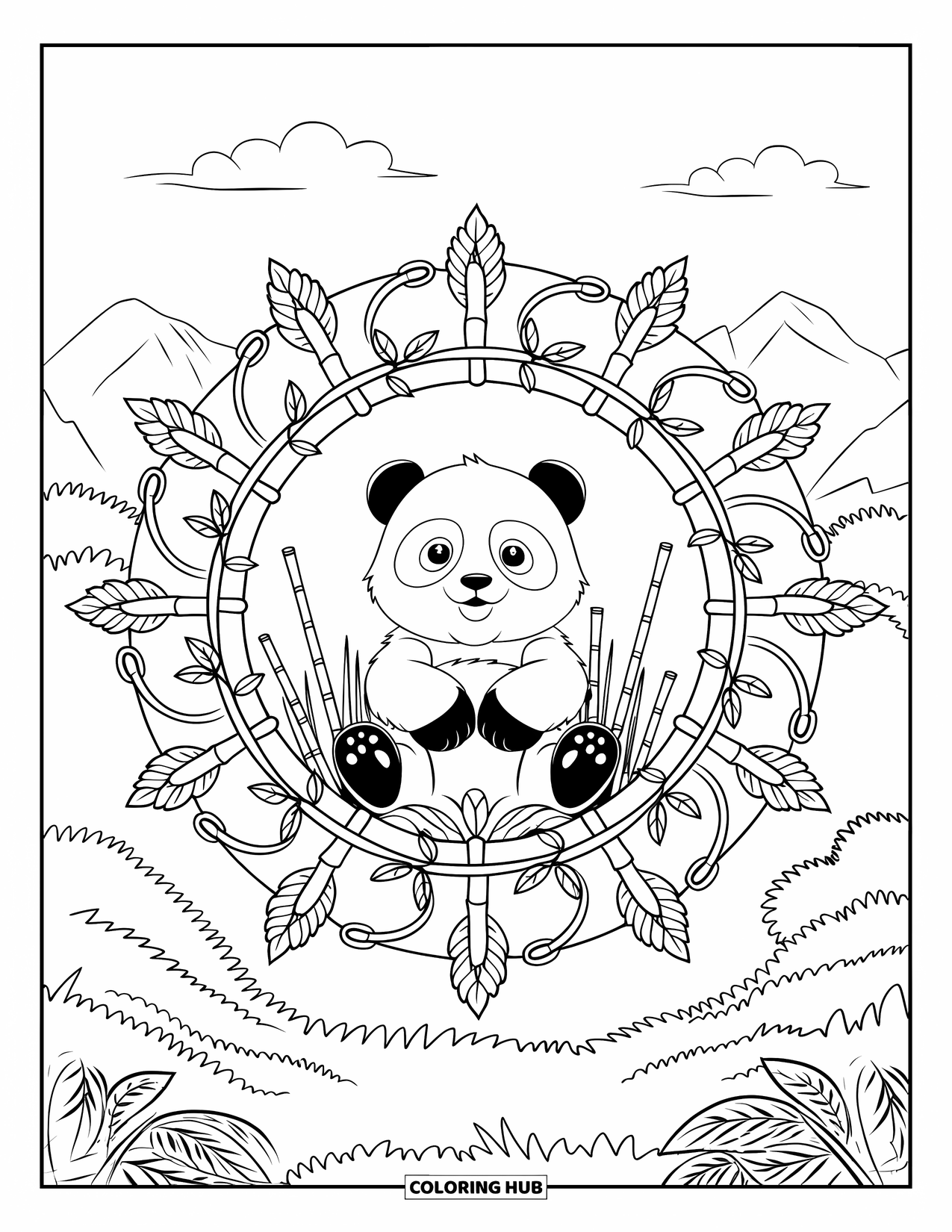 Baby Animal Coloring Page for Adults: A baby panda rests in a bamboo mandala inside a lush forest and mountain view