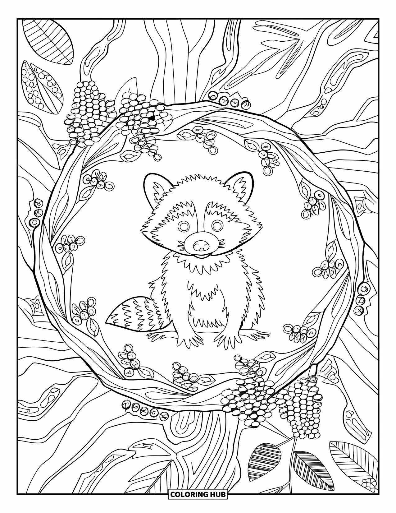 Baby Animal Coloring Page for Adults: A baby raccoon rests in a mandala filled with forest details and cozy artistic patterns
