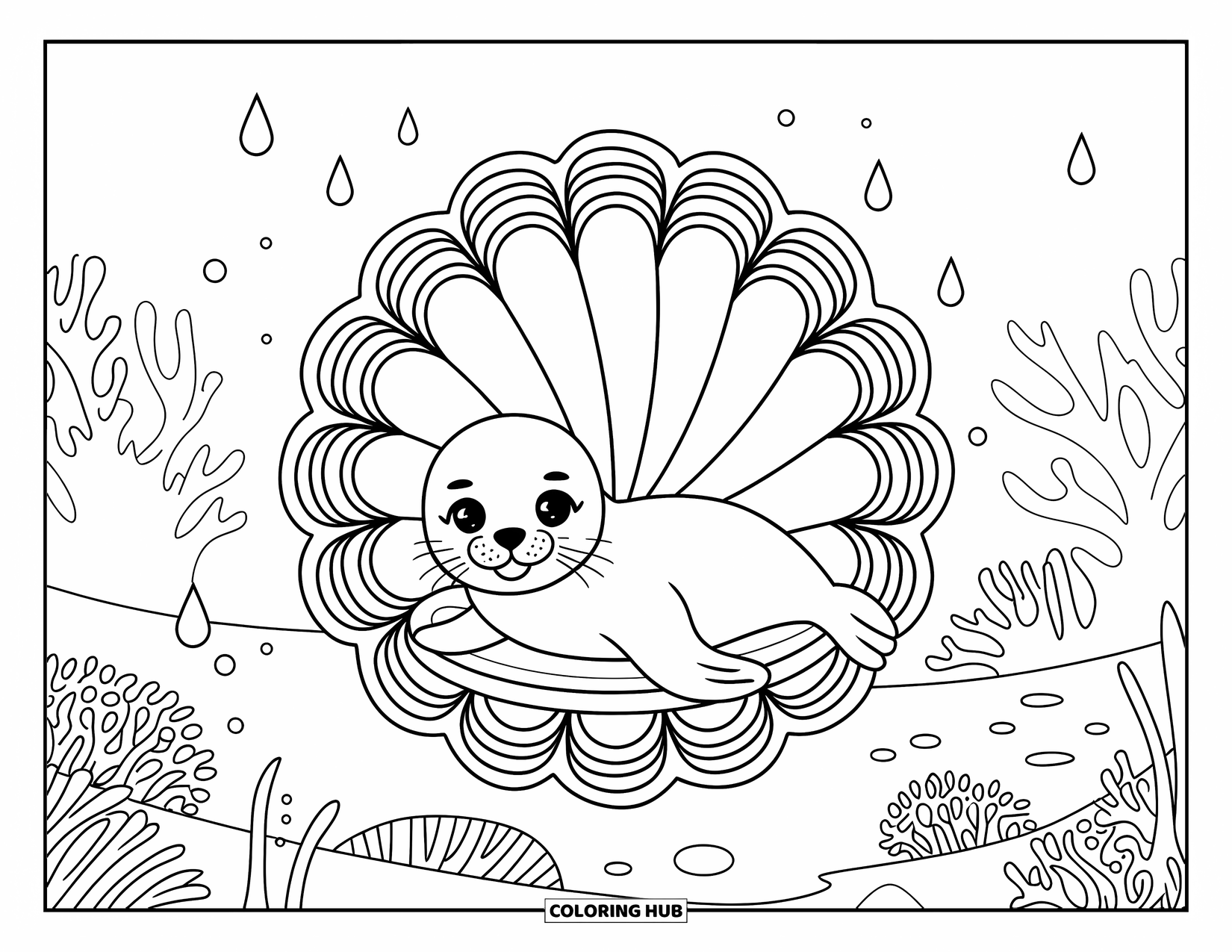Baby Animal Coloring Page for Adults: A baby seal lies peacefully inside a shell-shaped mandala with coral and waterdrop patterns