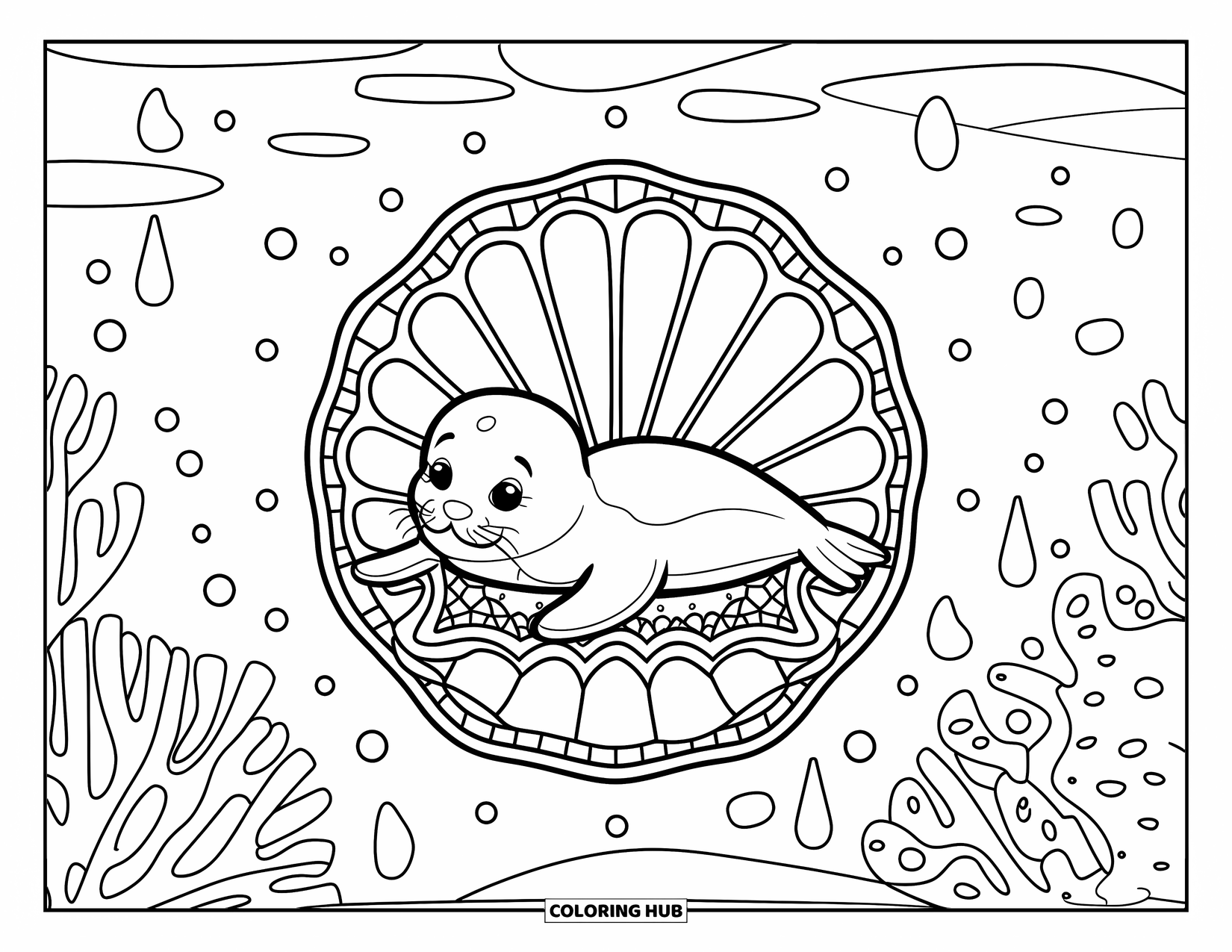 Baby Animal Coloring Page for Adults: A baby seal rests calmly in a shell mandala with coral and floating waterdrops