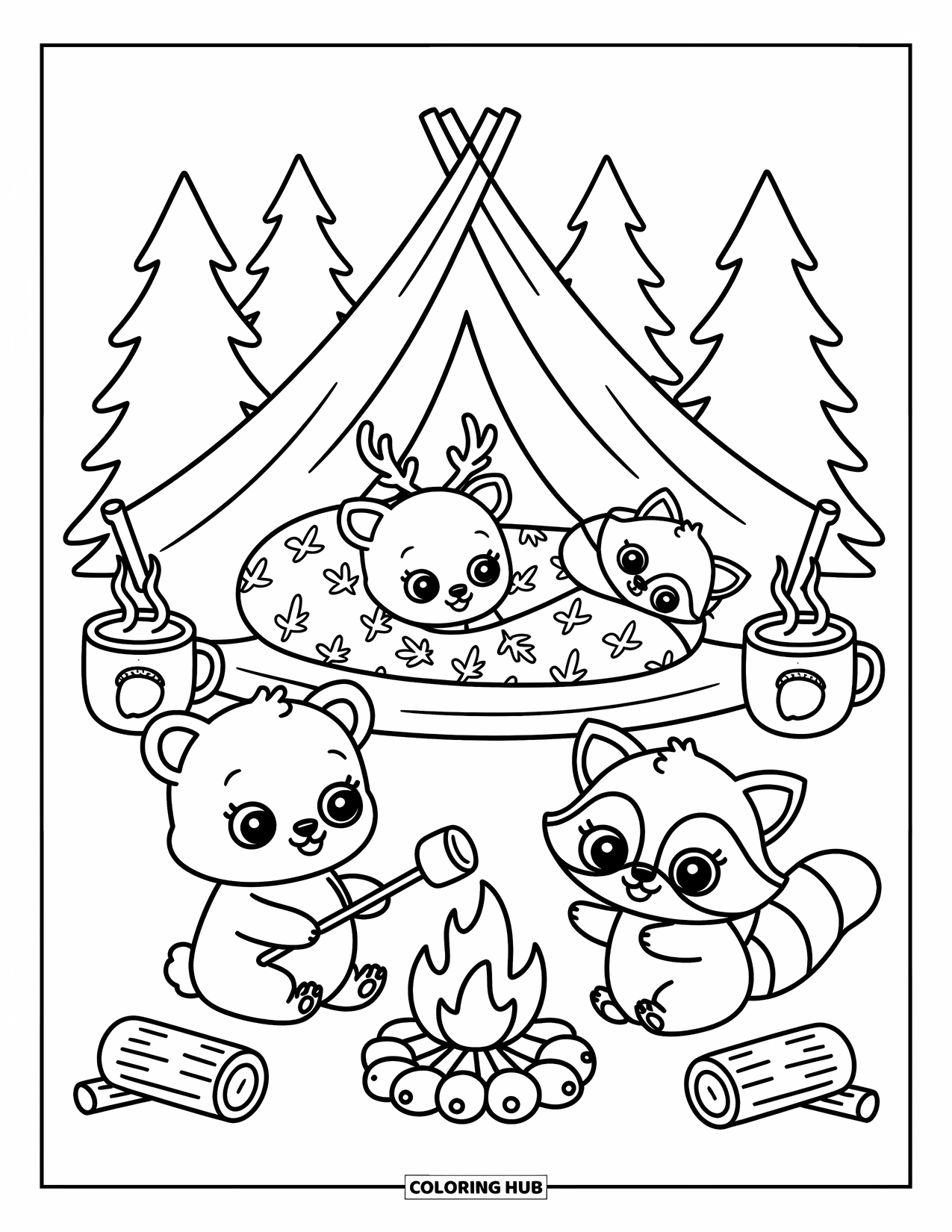 Baby Animal Coloring Page for Adults: A bear roasts a marshmallow, a deer snuggles in a sleeping bag, and a raccoon peers at a lantern