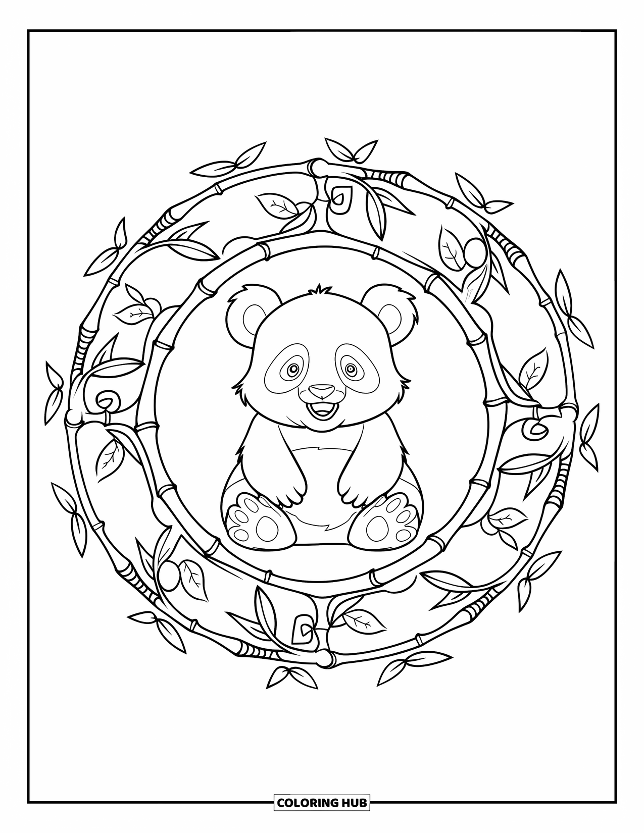 Baby Animal Coloring Page for Adults: A calm panda sits cross-legged in a bamboo mandala on a peaceful white background