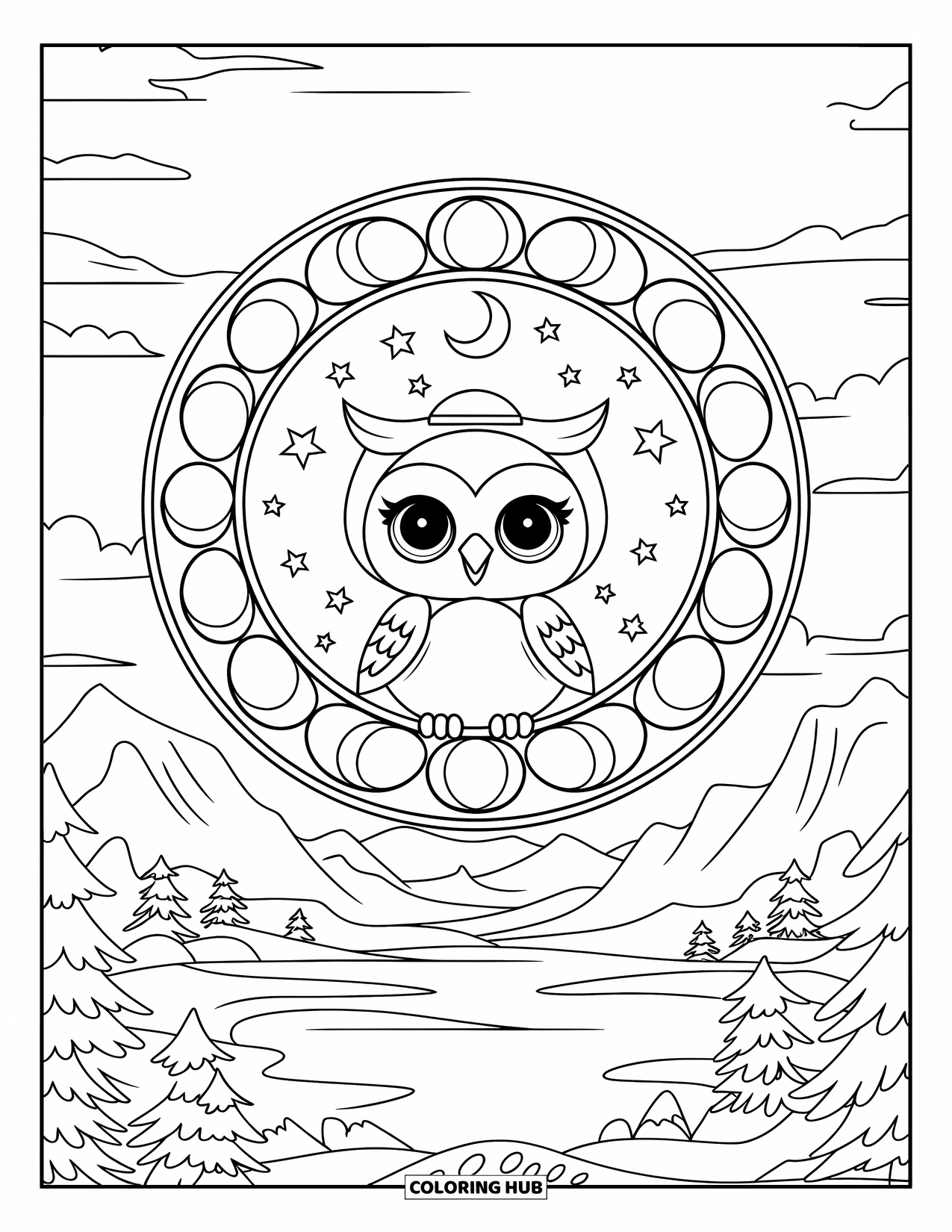Baby Animal Coloring Page for Adults: A cute owl in a tiny hat perches in a stained glass window above a calm view