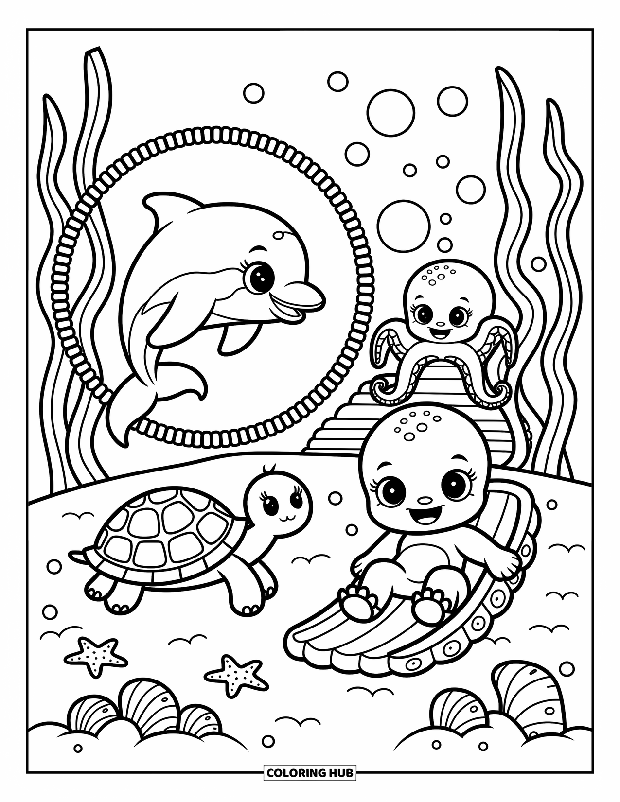 Baby Animal Coloring Page for Adults: A dolphin flips through coral, a turtle slides, and an octopus bubbles beside seashell toys