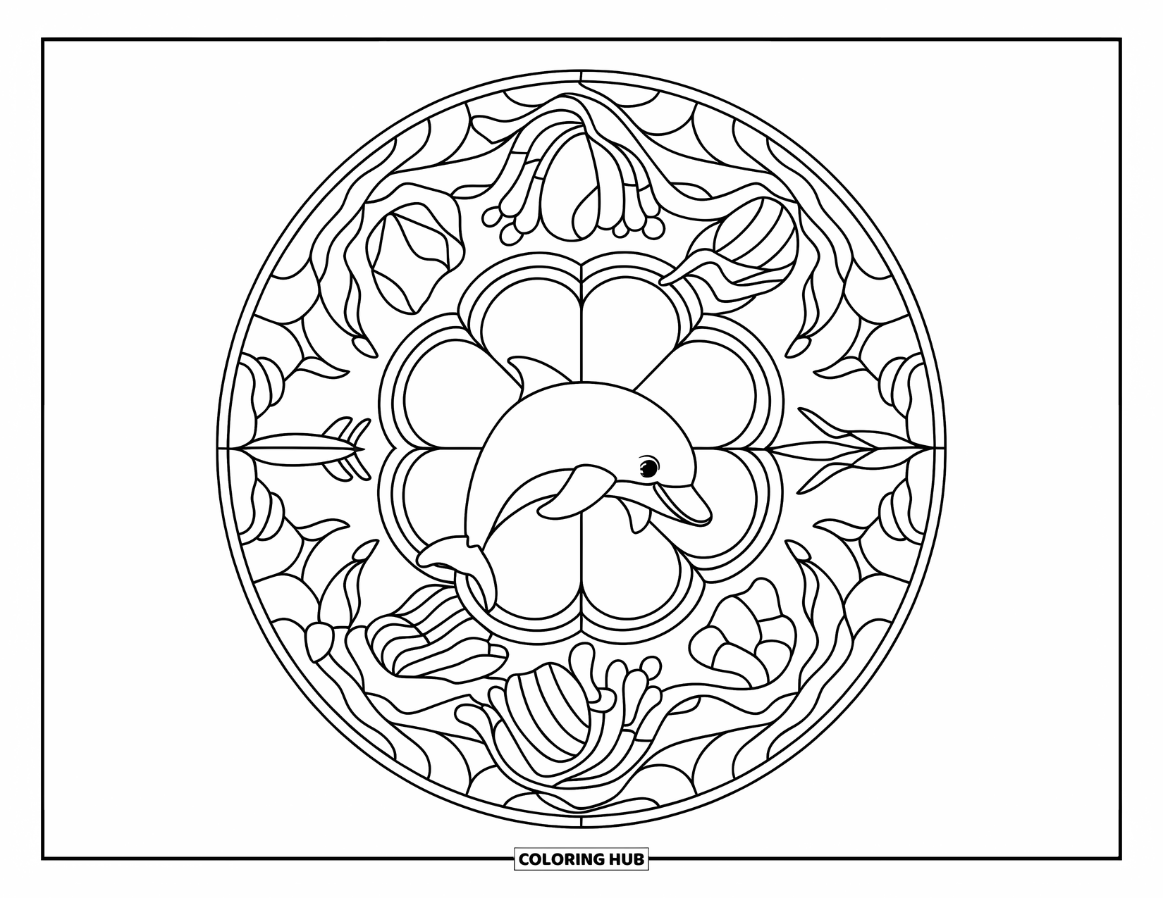 Baby Animal Coloring Page for Adults: A dolphin jumps through a stained glass ocean design filled with seaweed and shells