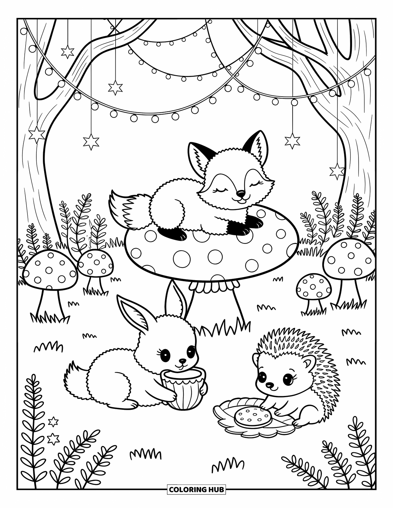 Baby Animal Coloring Page for Adults: A fox naps, a bunny drinks, and a hedgehog gives treats under fairy lights and garlands