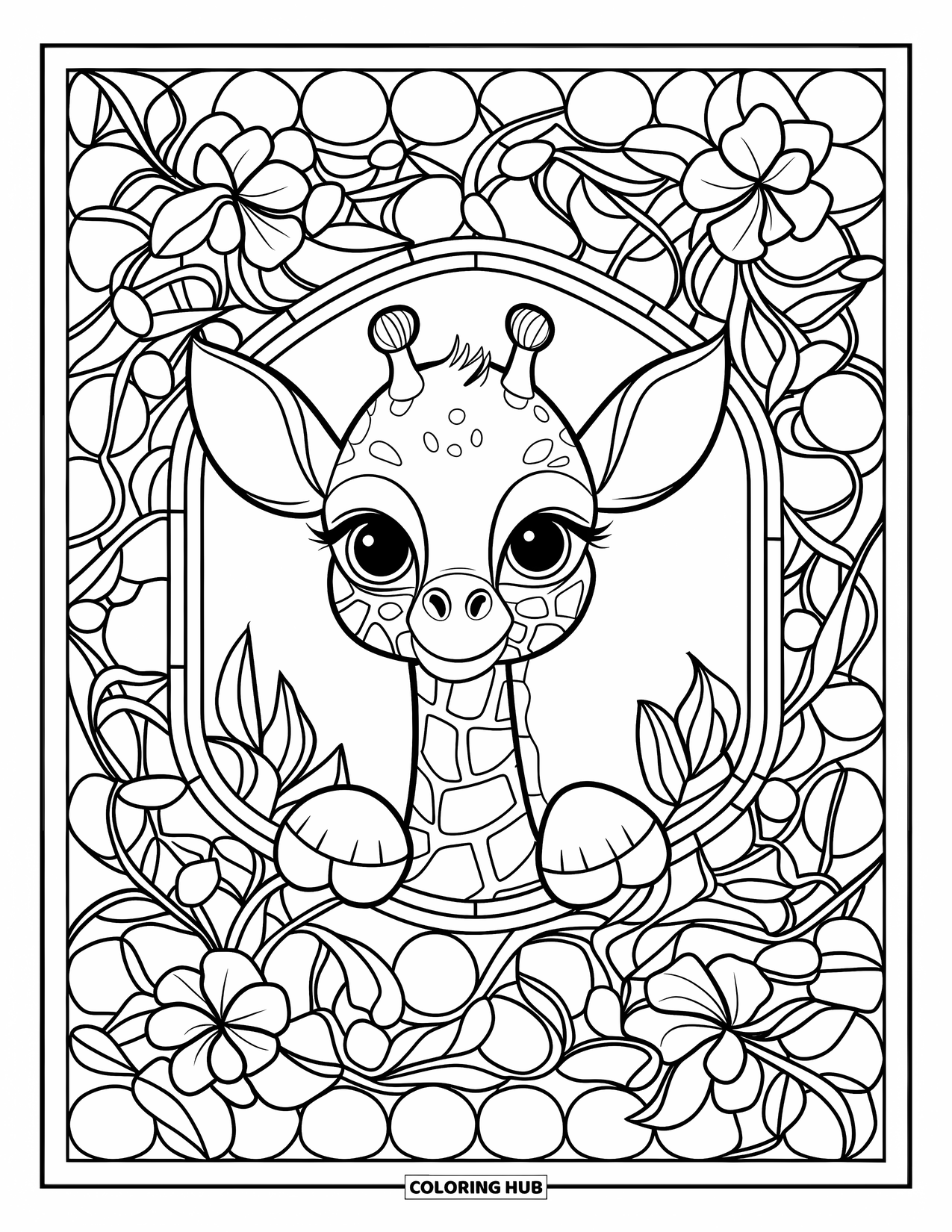 Baby Animal Coloring Page for Adults: A giraffe peeks through a patterned stained glass panel of branches and exotic flowers