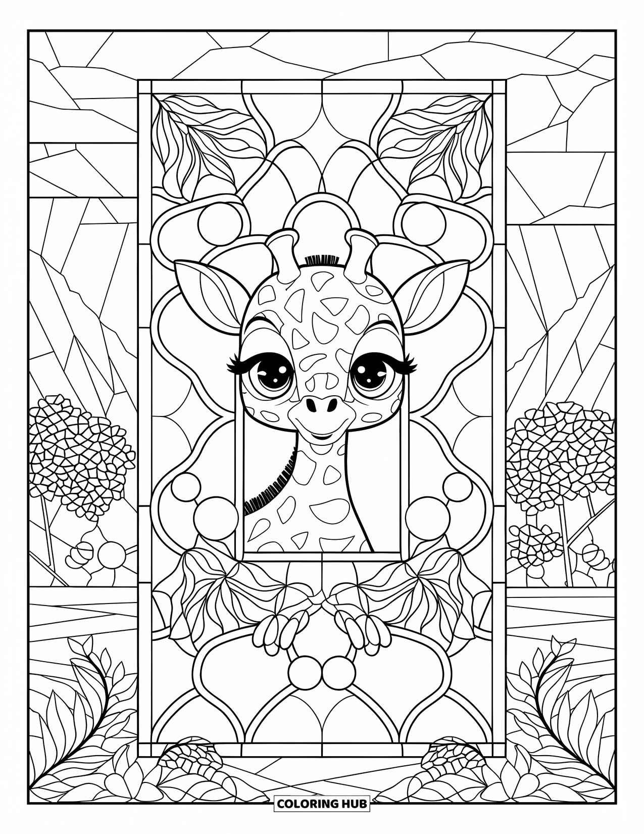Baby Animal Coloring Page for Adults: A giraffe with patterned skin peeks through a floral stained glass frame in a peaceful scene