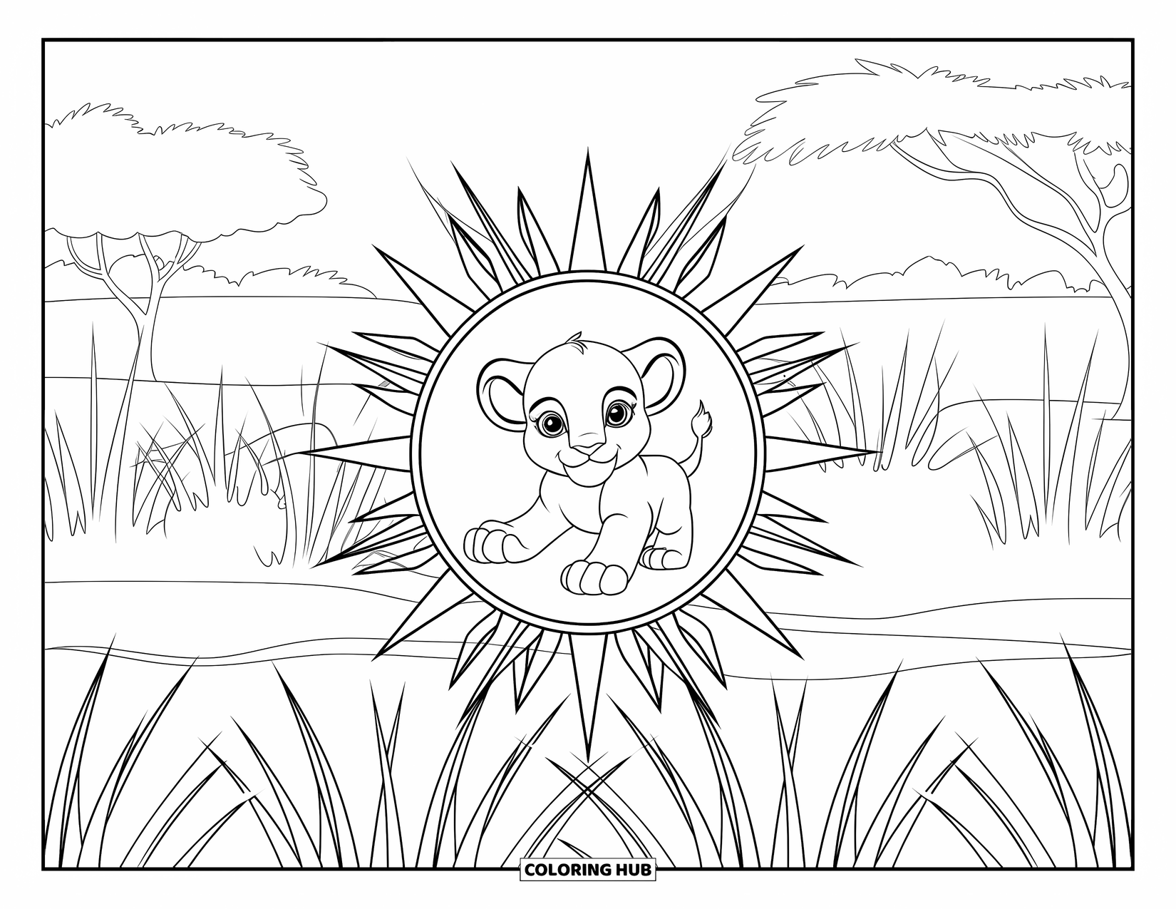 Baby Animal Coloring Page for Adults: A lion cub sits peacefully in a sunburst frame surrounded by grasses and distant trees