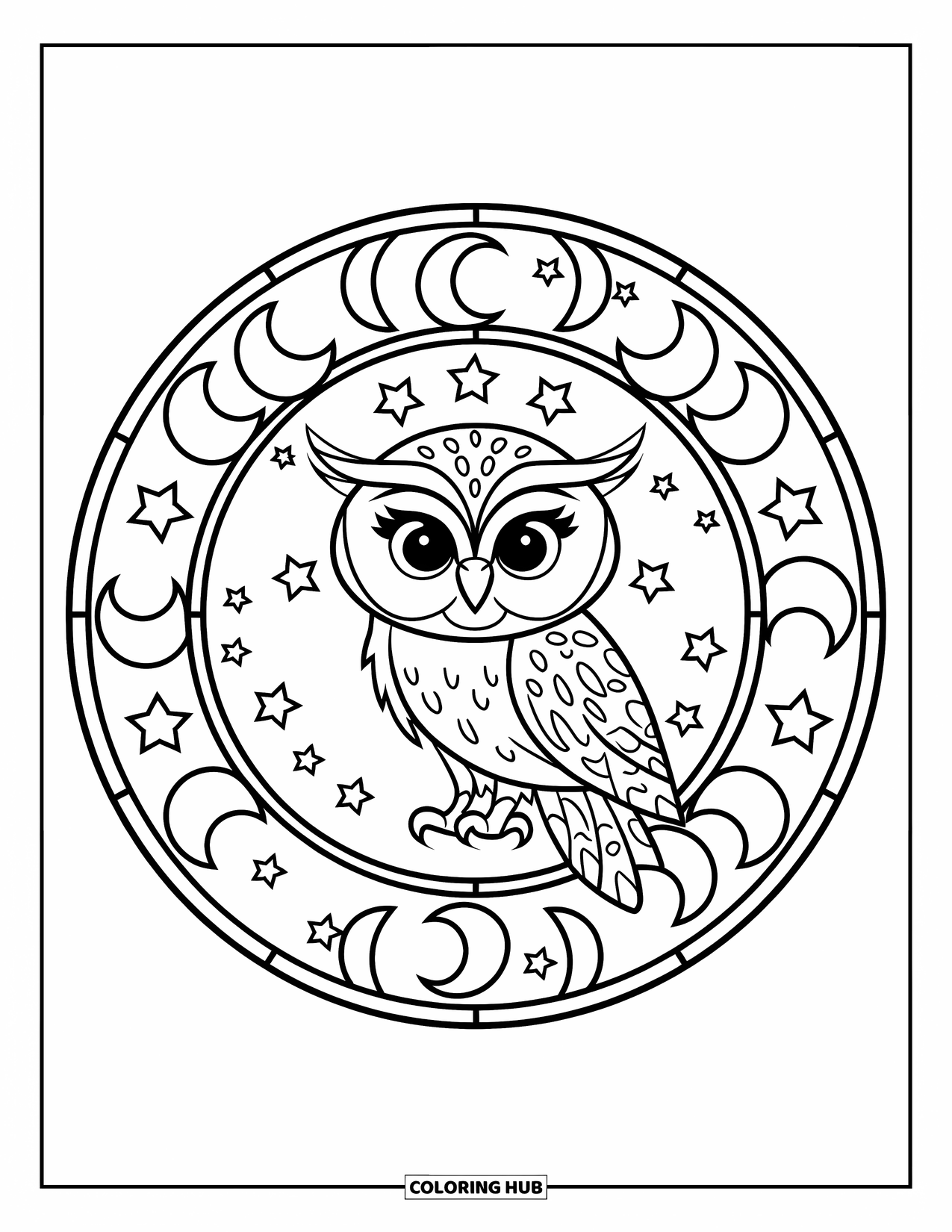 Baby Animal Coloring Page for Adults: A little owl sits in a stained glass circle filled with moons and twinkling stars