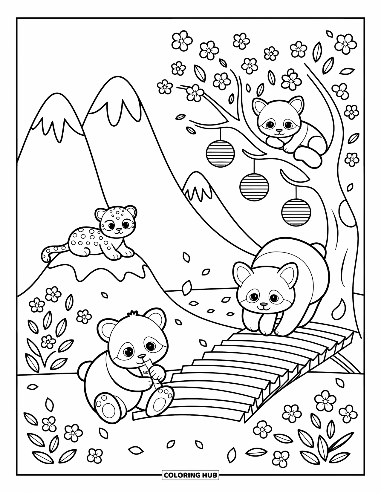 Baby Animal Coloring Page for Adults: A panda eats bamboo, a red panda naps, and a snow leopard watches blossoms from a rock