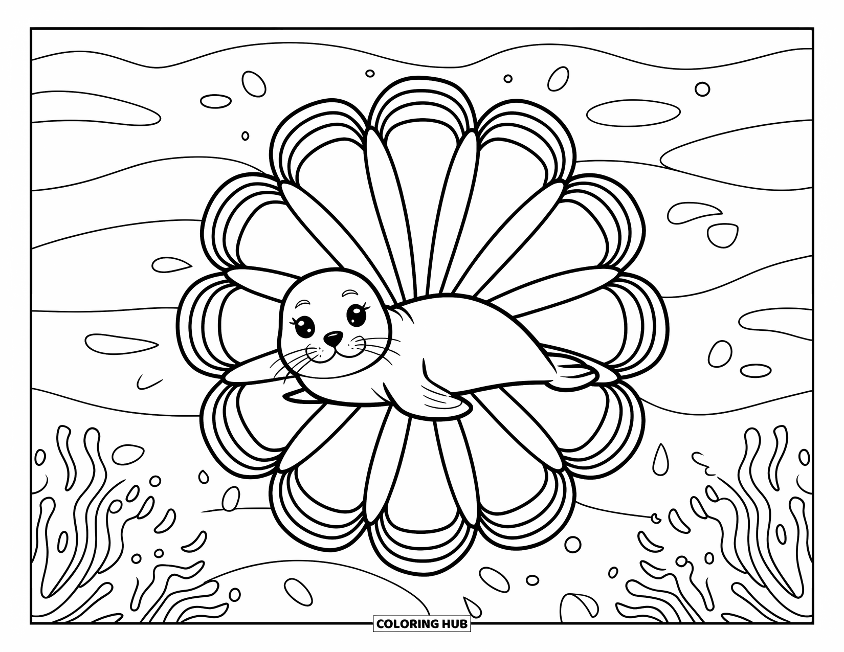 Baby Animal Coloring Page for Adults: A peaceful baby seal snuggles inside a radiating shell mandala surrounded by ocean elements