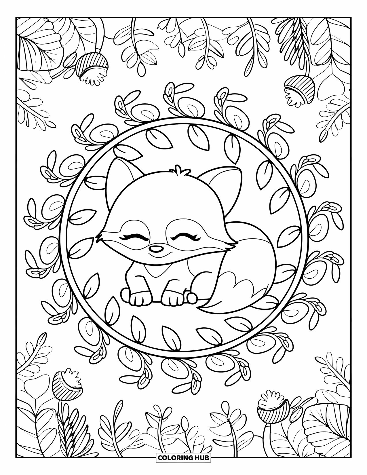 Baby Animal Coloring Page for Adults: A peaceful fox rests in a forest mandala surrounded by flowers and leafy details